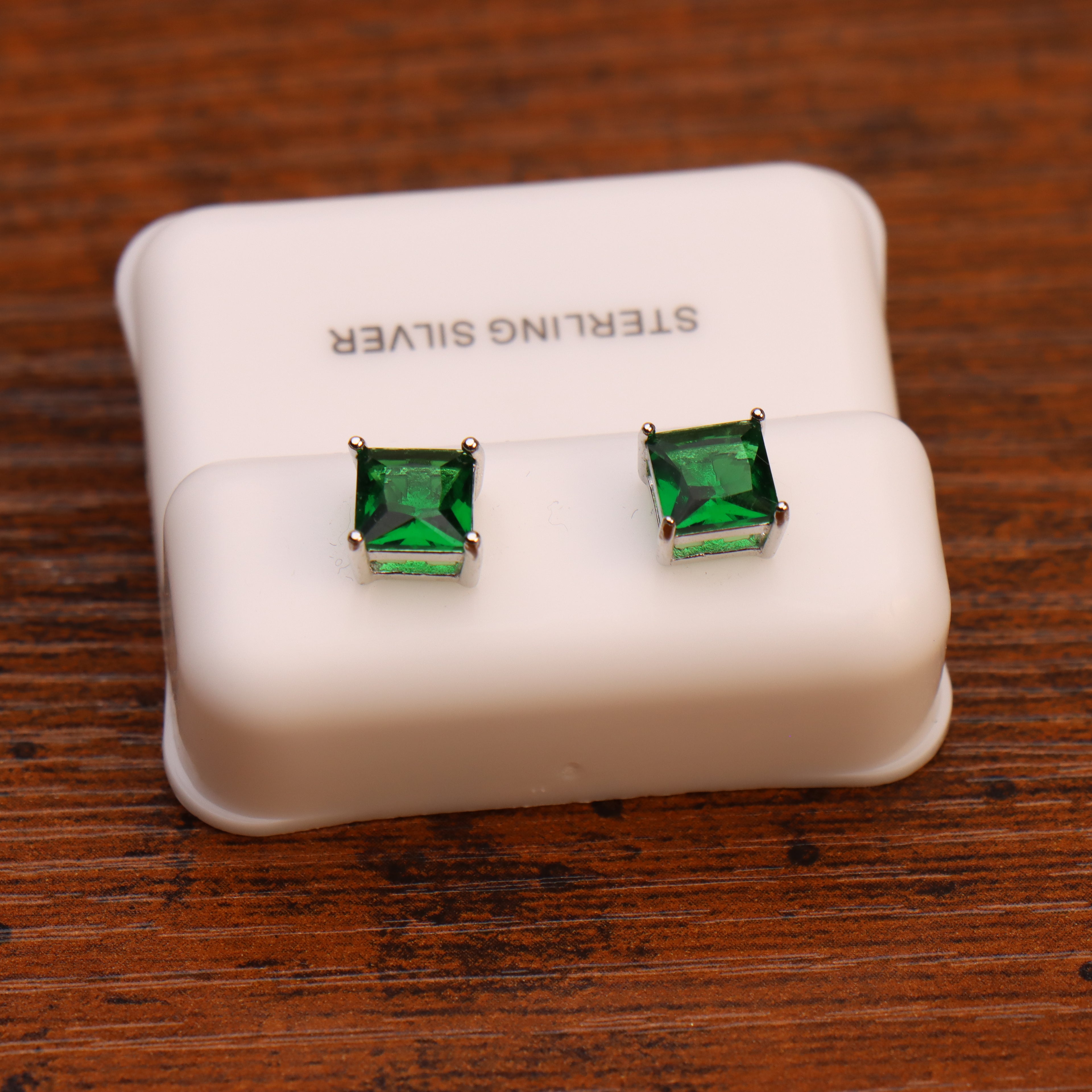 Emerald Green Cz Earrings Square Princess Cut 925 Sterling Silver