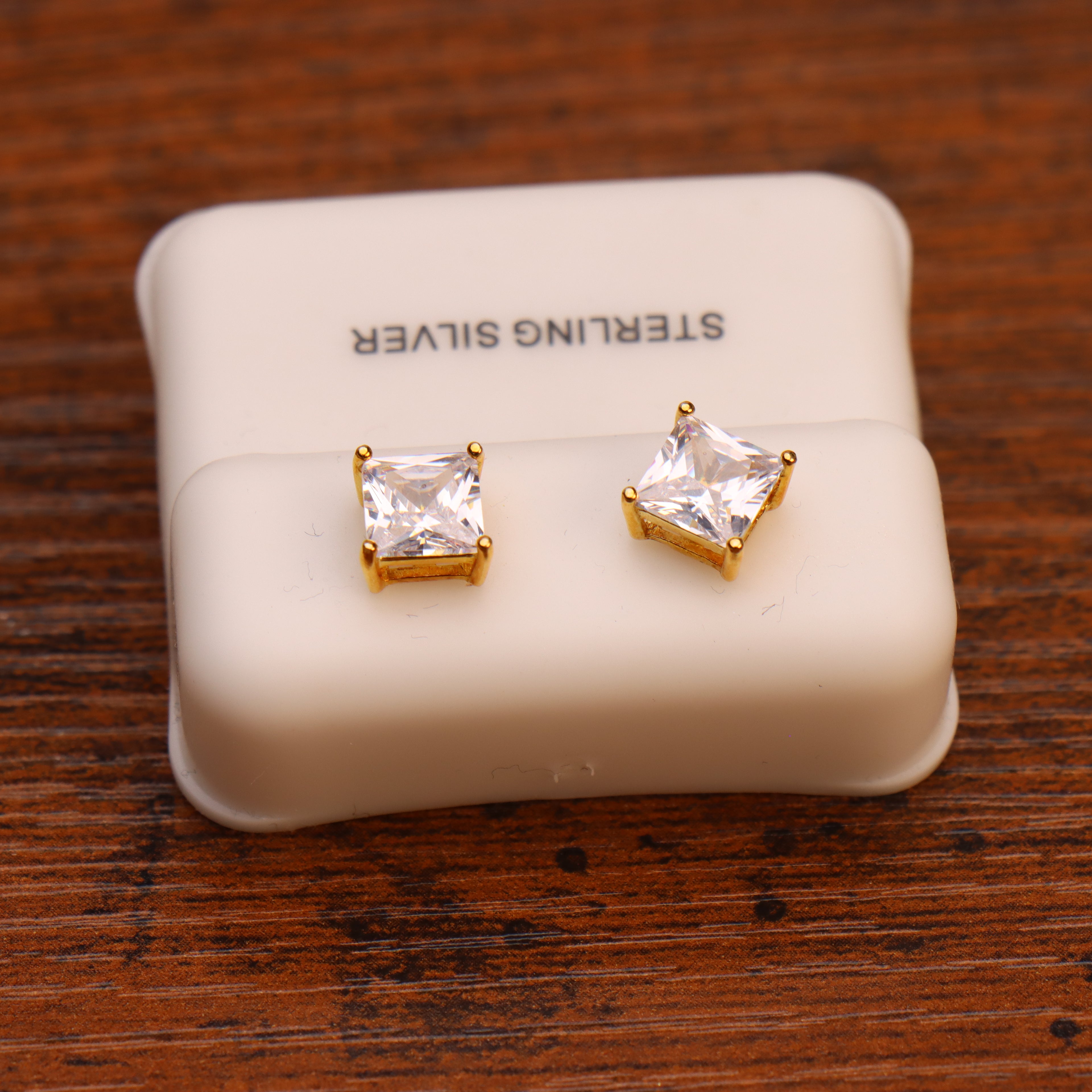 Clear Cz Earrings Square 14k Gold over 925 Sterling Silver