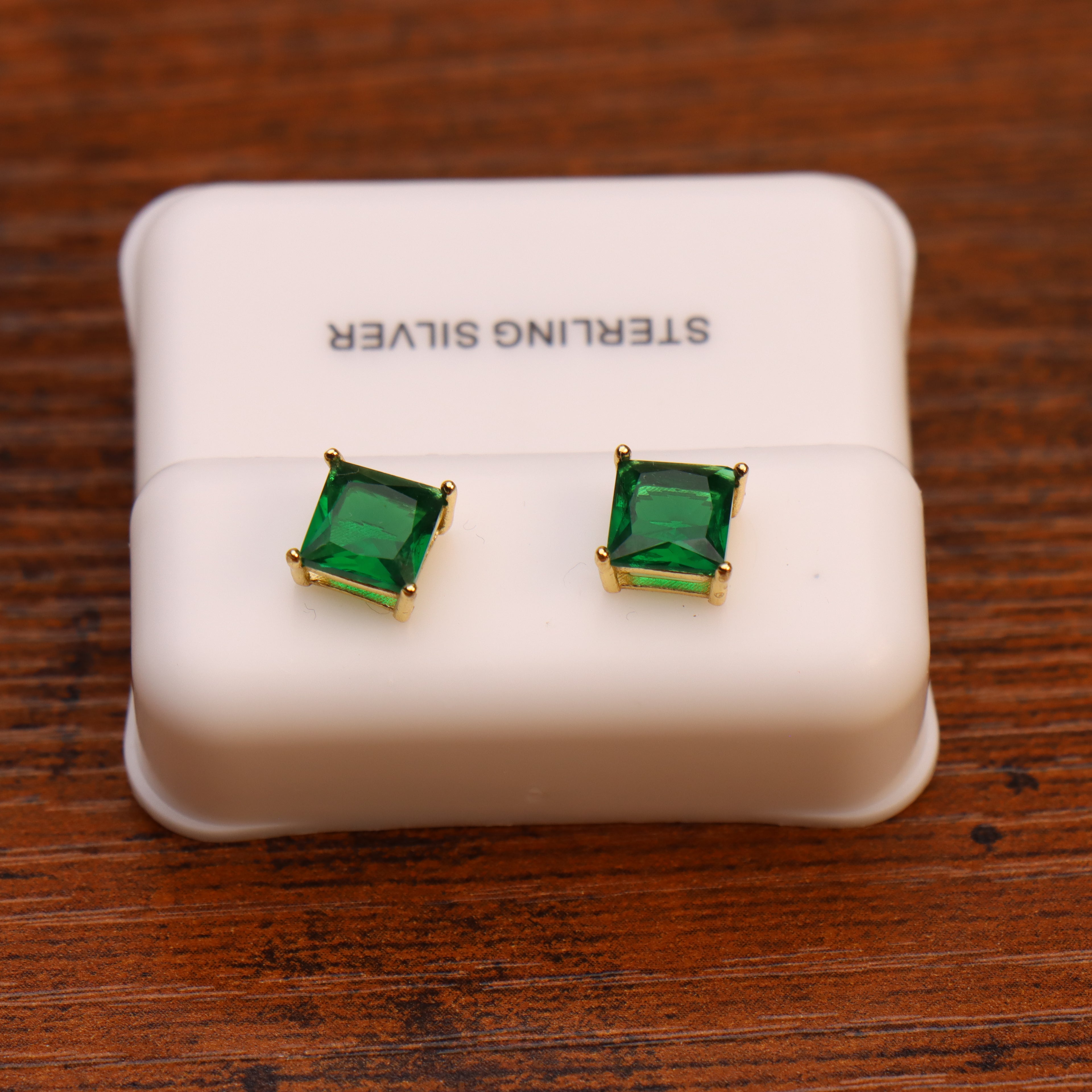 Emerald Green CZ Earrings Square 14k Gold over 925 Sterling Silver
