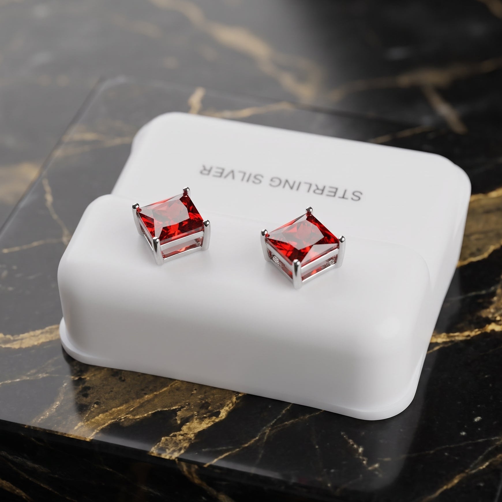 Ruby Red Cz Earrings Square Princess Cut 925 Sterling Silver on a white stand