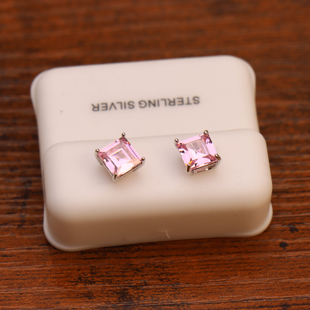 Pink Sapphire CZ Earrings Square Asscher Cut 925 Silver
