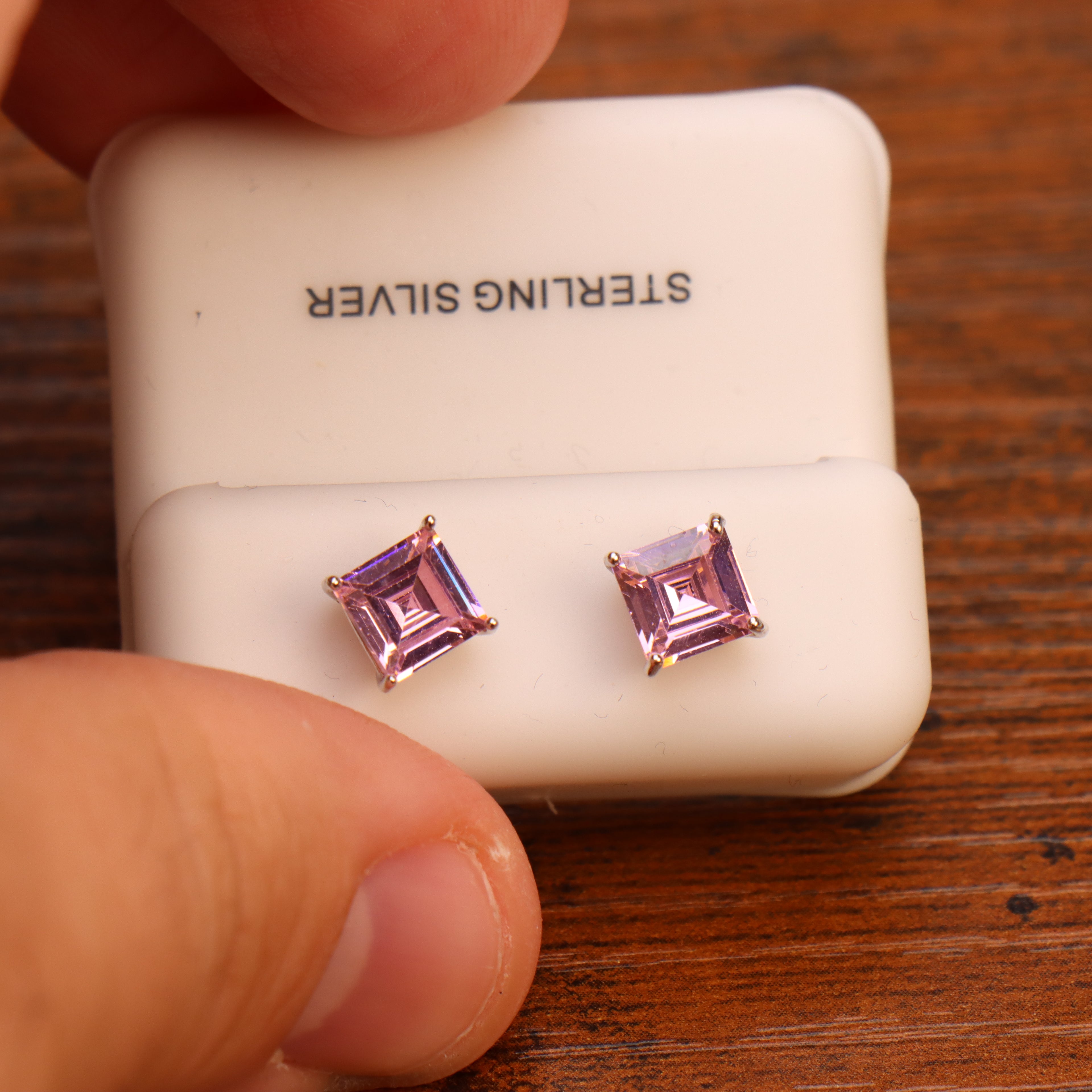 Pink Sapphire Cz Earrings Square Asscher Cut 925 Silver