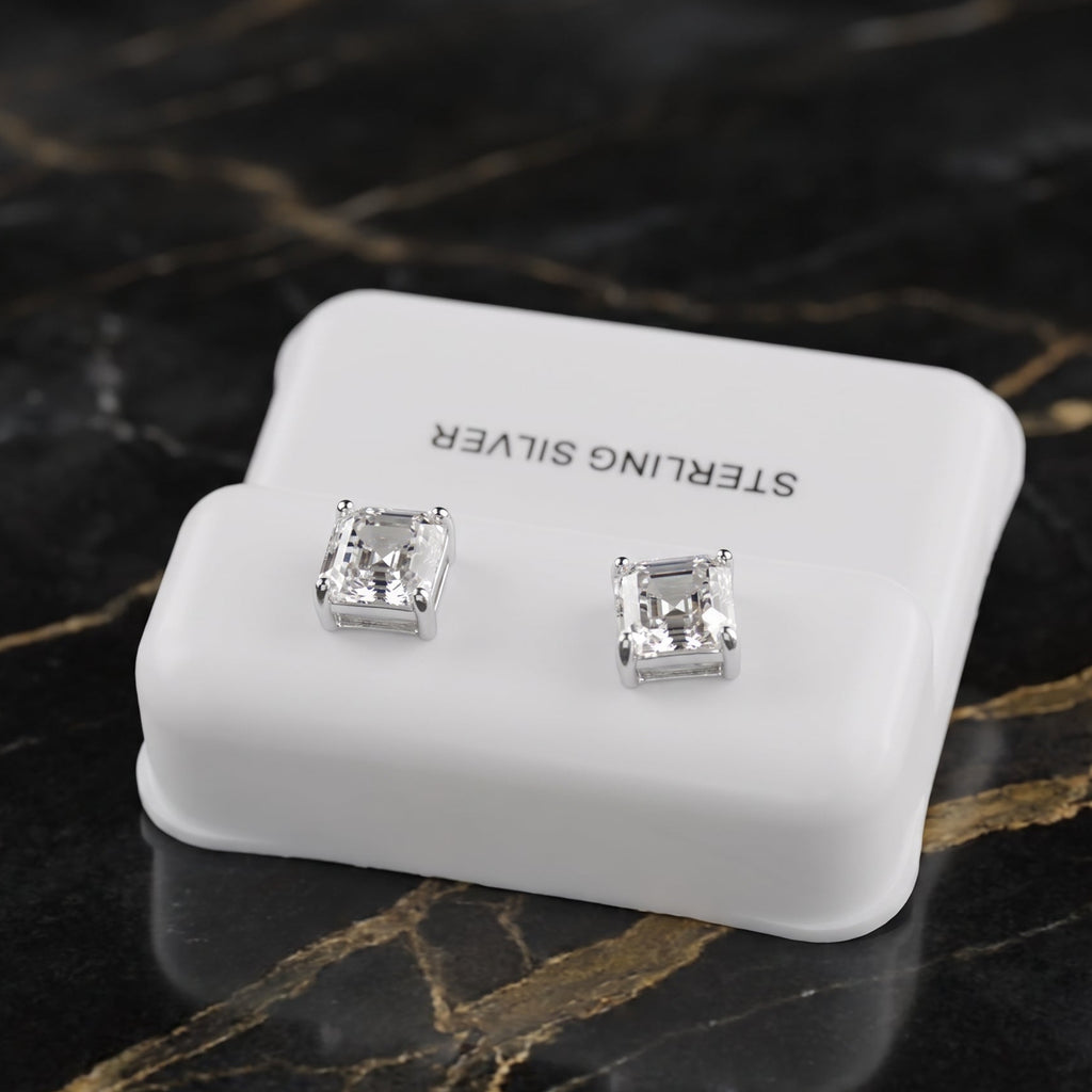 Clear Cz Earrings Square Asscher Cut 925 Sterling Silver on a white display stand