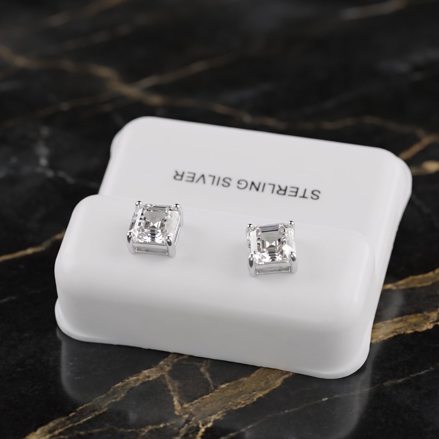 Clear Cz Earrings Square Asscher Cut 925 Sterling Silver on a white display stand