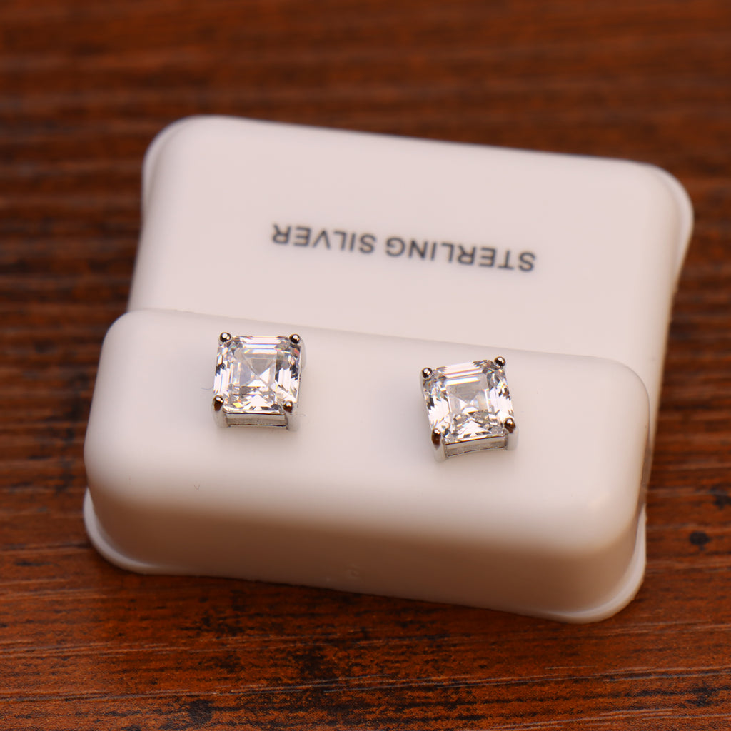 Clear Cz Earrings Square Asscher Cut 925 Sterling Silver