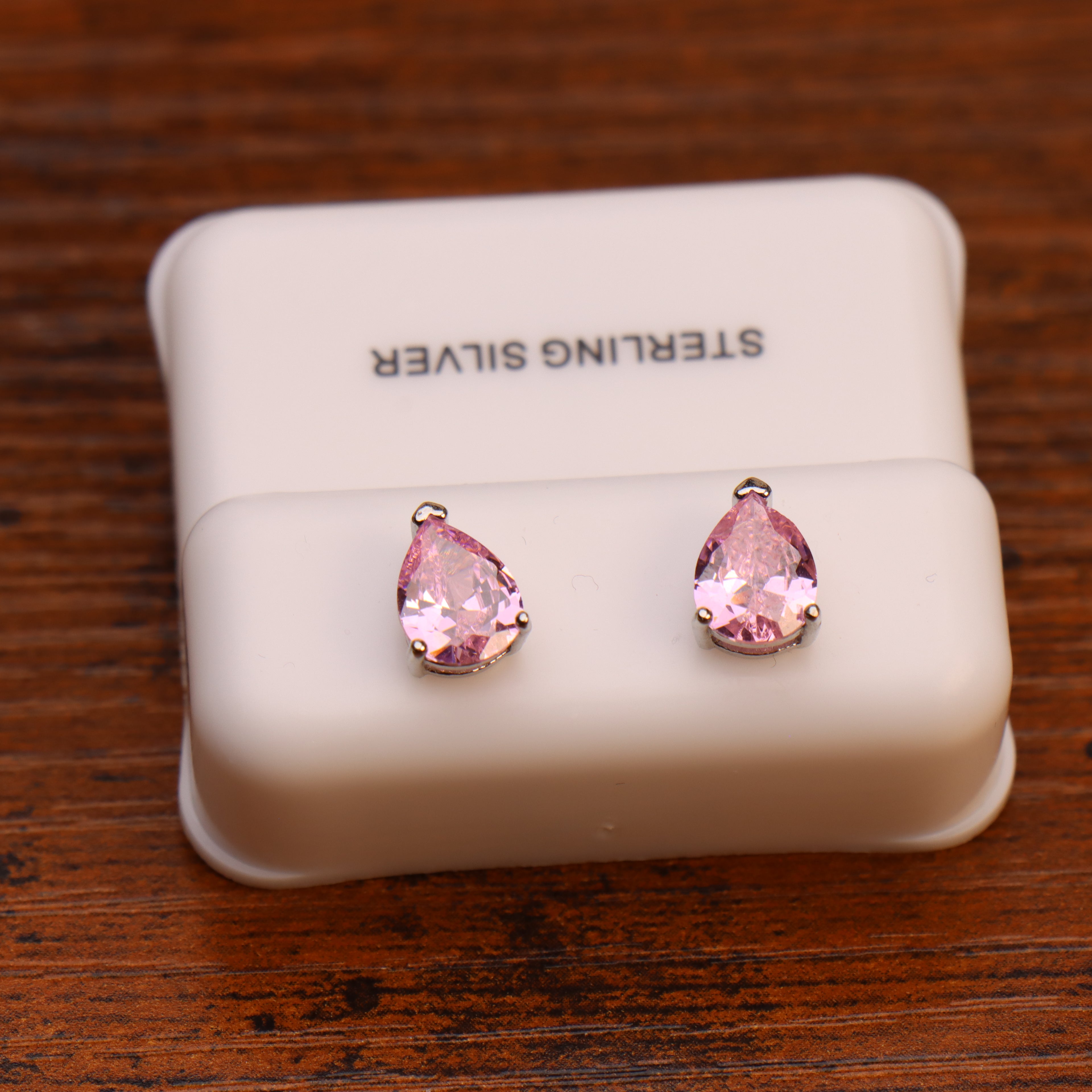 Pear Cz Earrings Pink Saphire 925 Sterling Silver 6x9mm