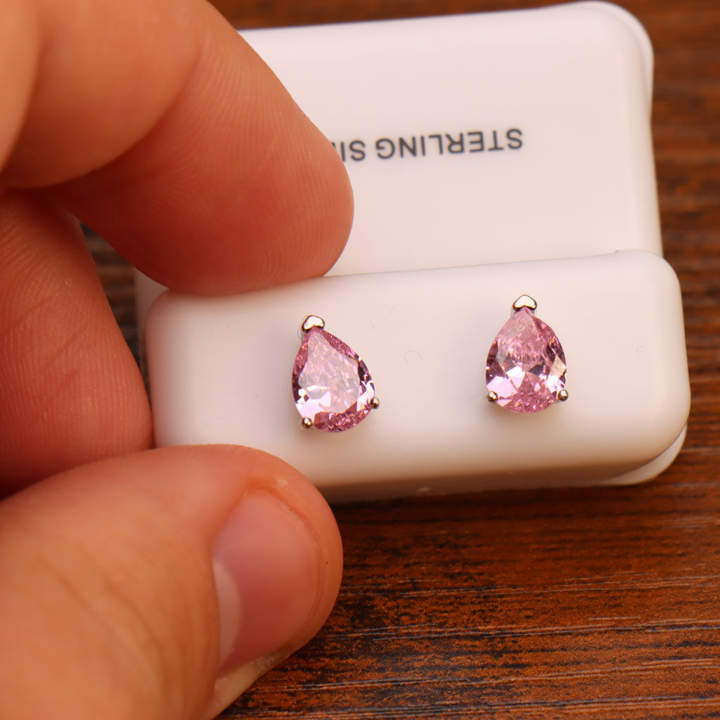 Pear Cz Earrings Pink Saphire 925 Sterling Silver 6x9mm