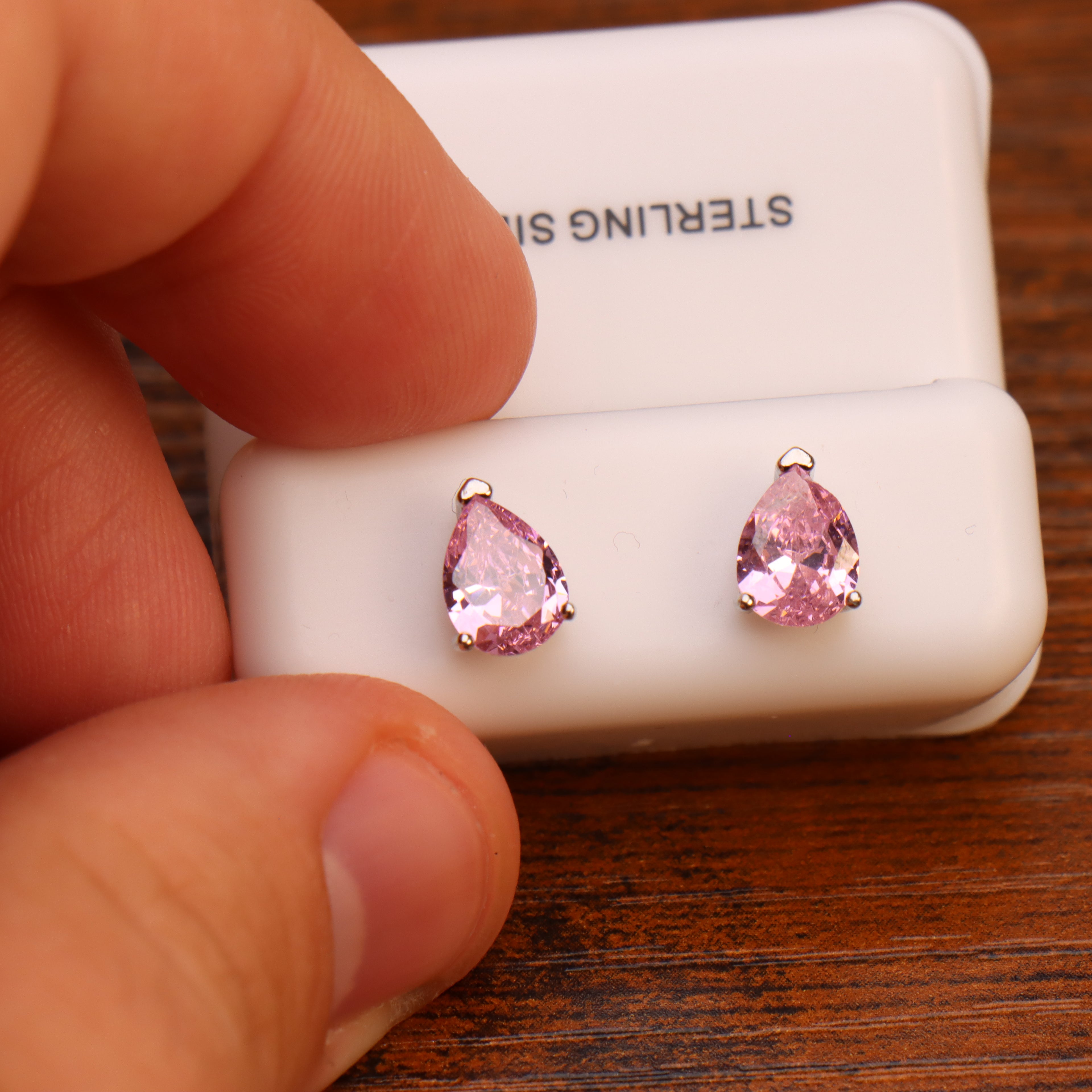 Pear Cz Earrings Pink Saphire 925 Sterling Silver 6x9mm