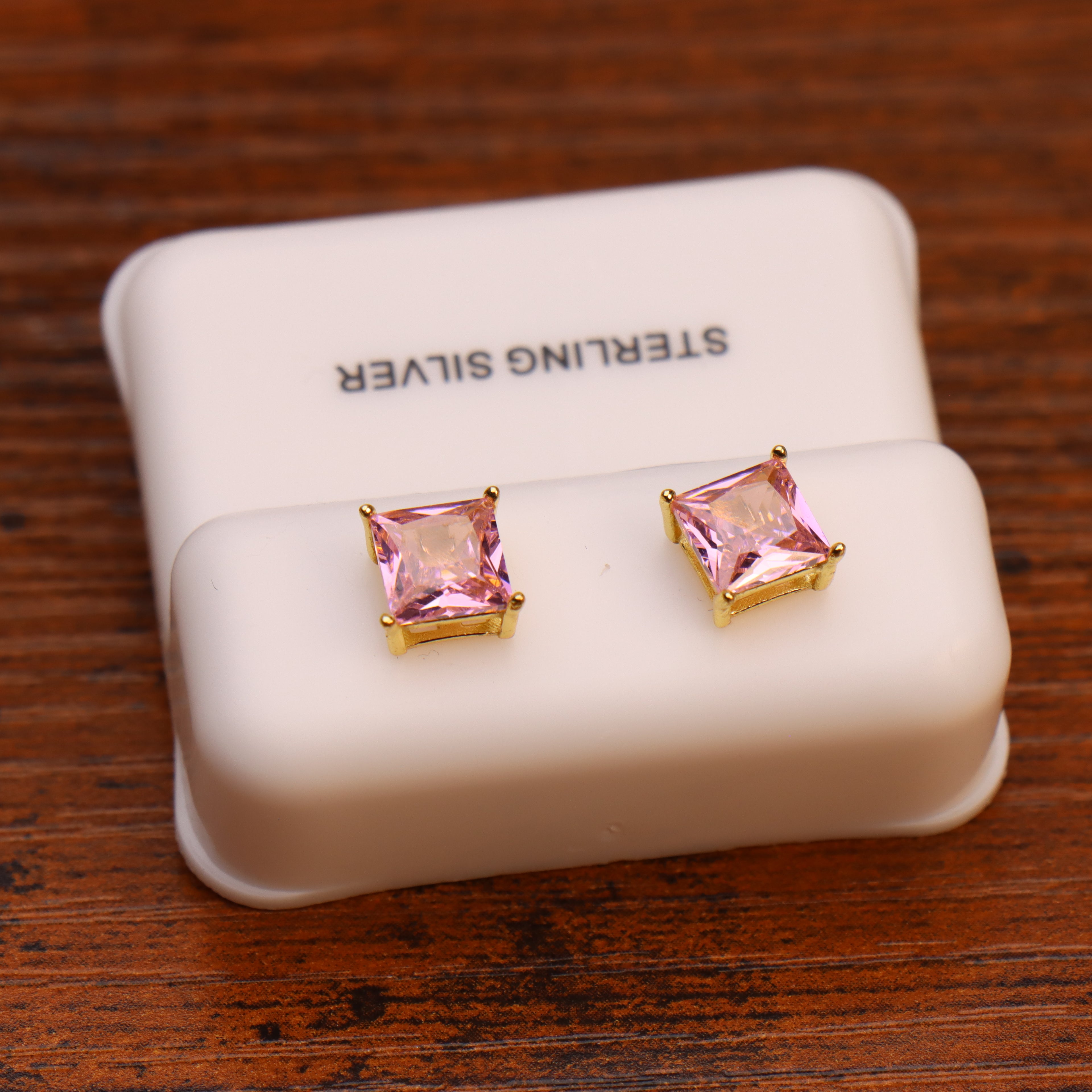 Pink Sapphire Cz Earrings Square 14k Gold over 925 Sterling Silver