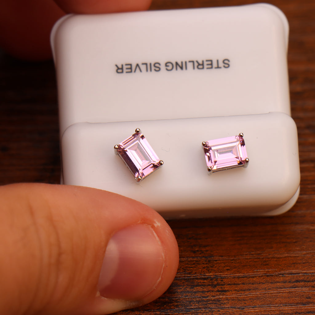 Emerald Cut Cz Earrings Pink Saphire 7x5mm 925 Silver