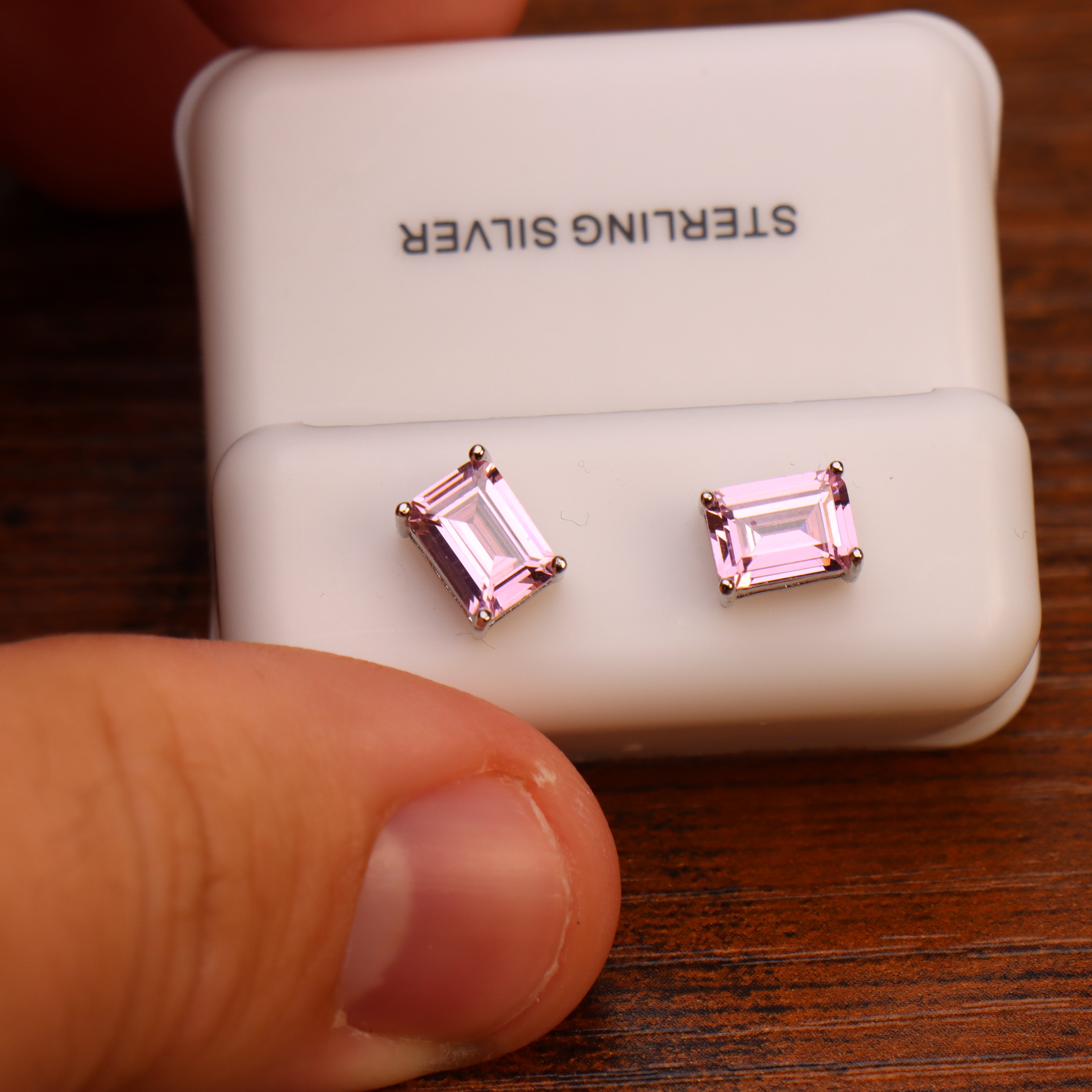 Emerald Cut Cz Earrings Pink Saphire 7x5mm 925 Silver
