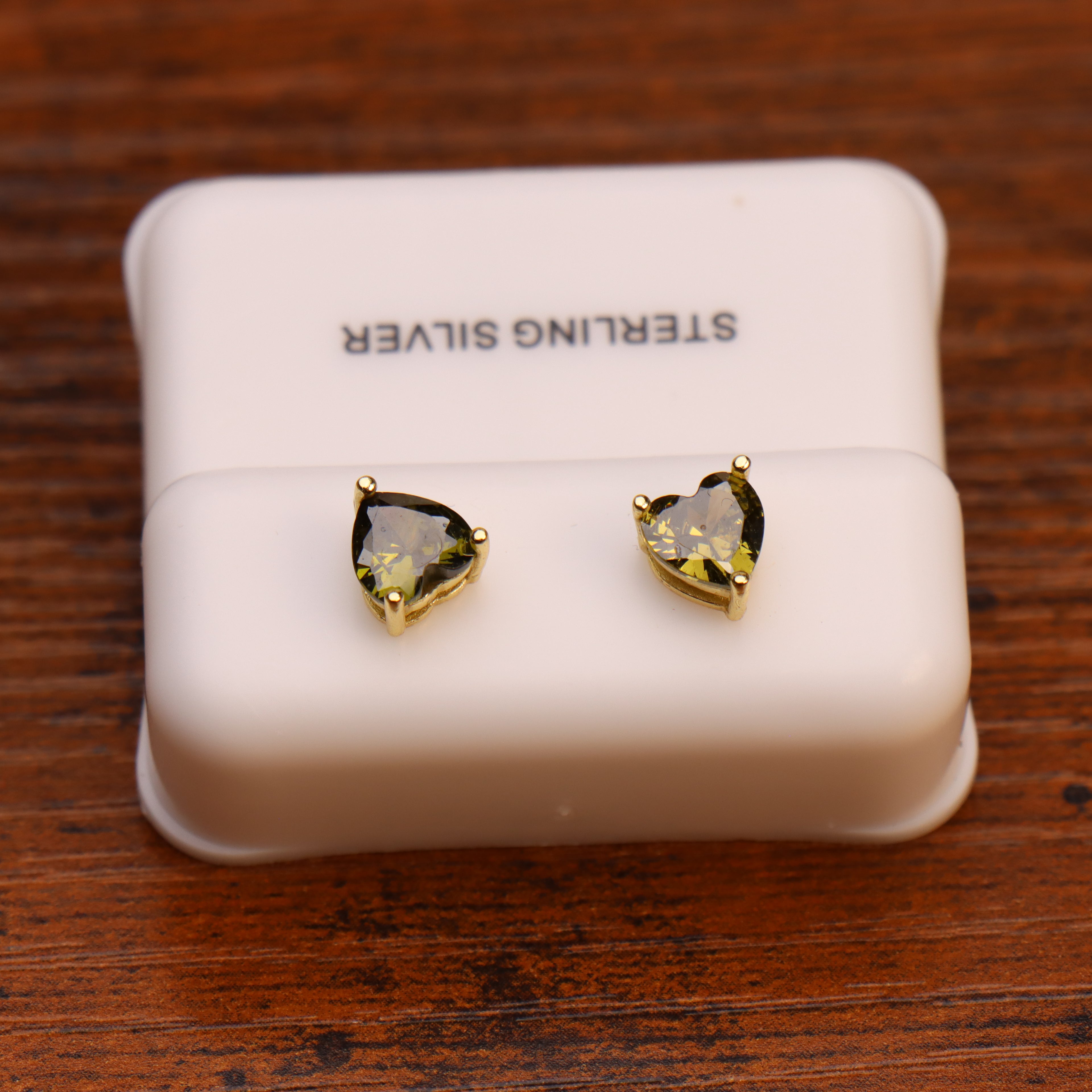 Peridot Cz Earrings Heart 14k Gold Over 925 Sterling Silver 6mm