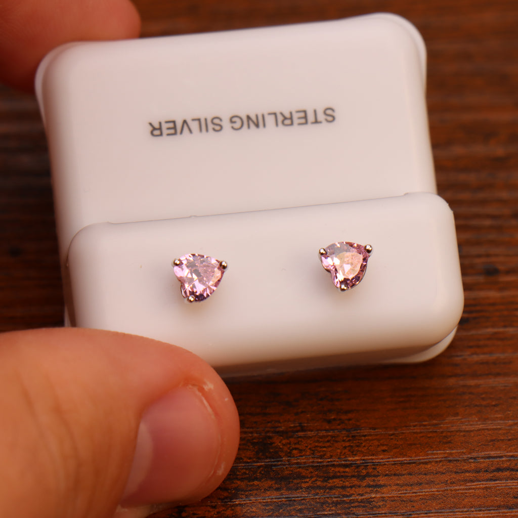 Pink Cz Earrings Heart 925 Sterling Silver 5mm