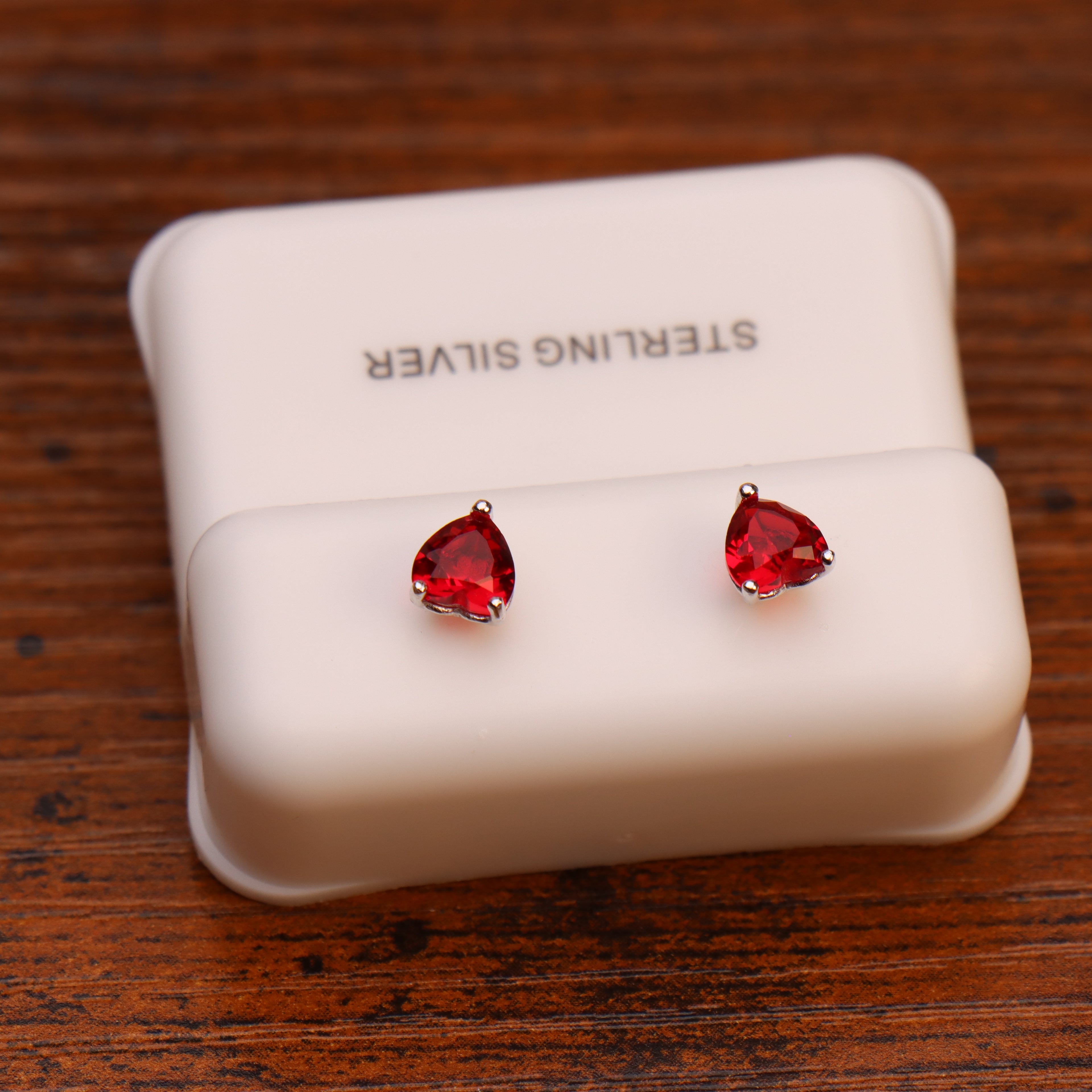 Red Dainty Cz Earrings Heart 925 Sterling Silver 5mm