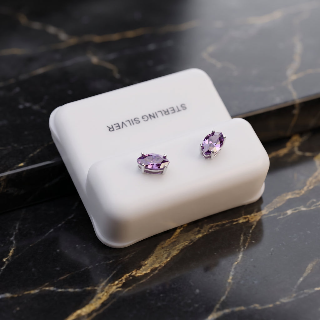Marquise Cz Earrings Purple 925 Sterling Silver Push Back Dainty