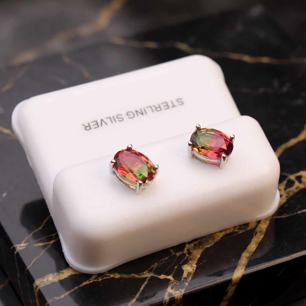 Watermelon Red Green Cz Earrings Oval 925 Sterling Silver 6x8mm