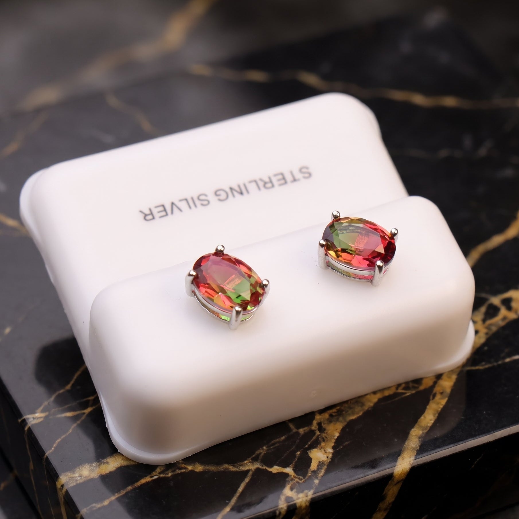 Watermelon Red Green Cz Earrings Oval 925 Sterling Silver 6x8mm