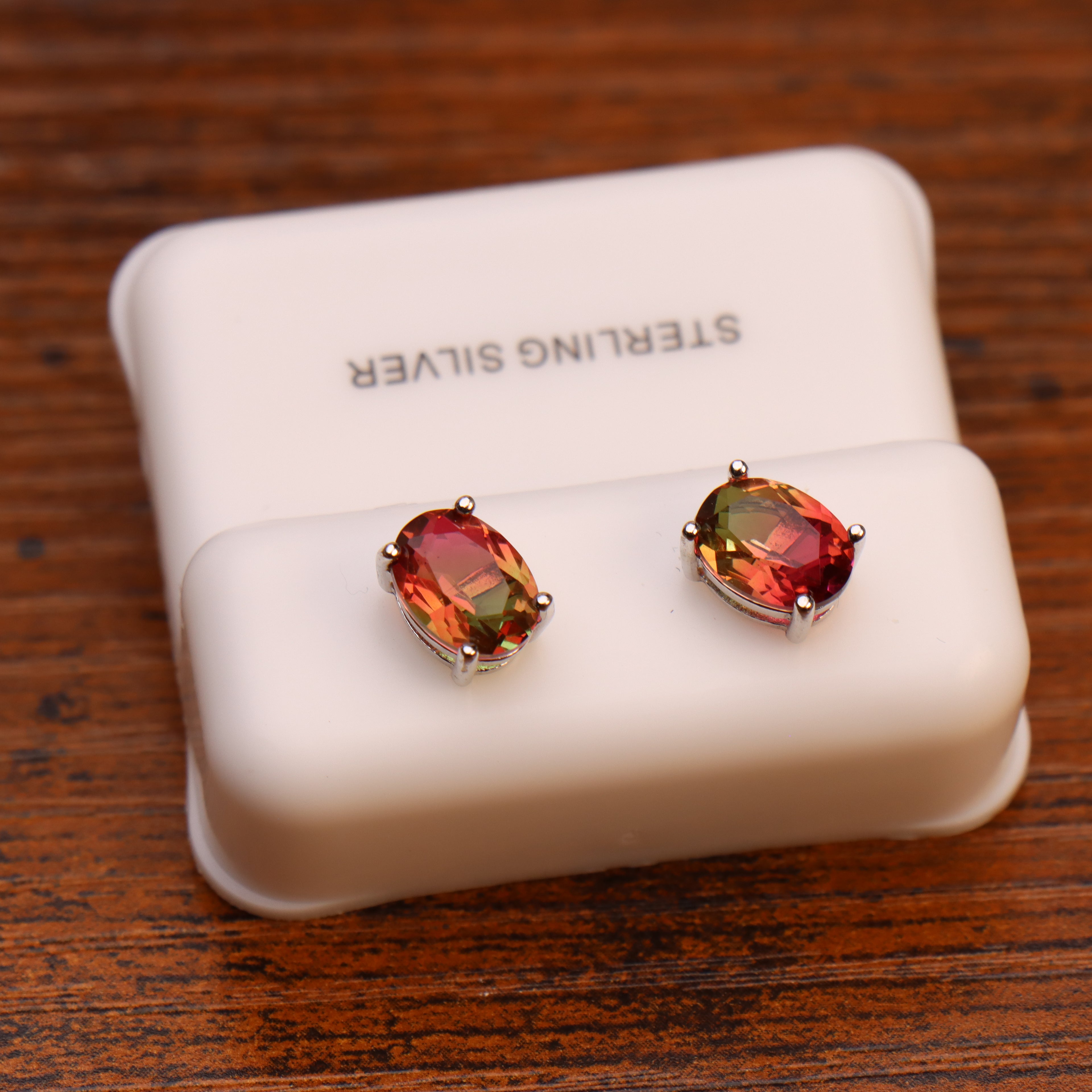 Oval watermelon red and green CZ stud earrings in 925 sterling silver