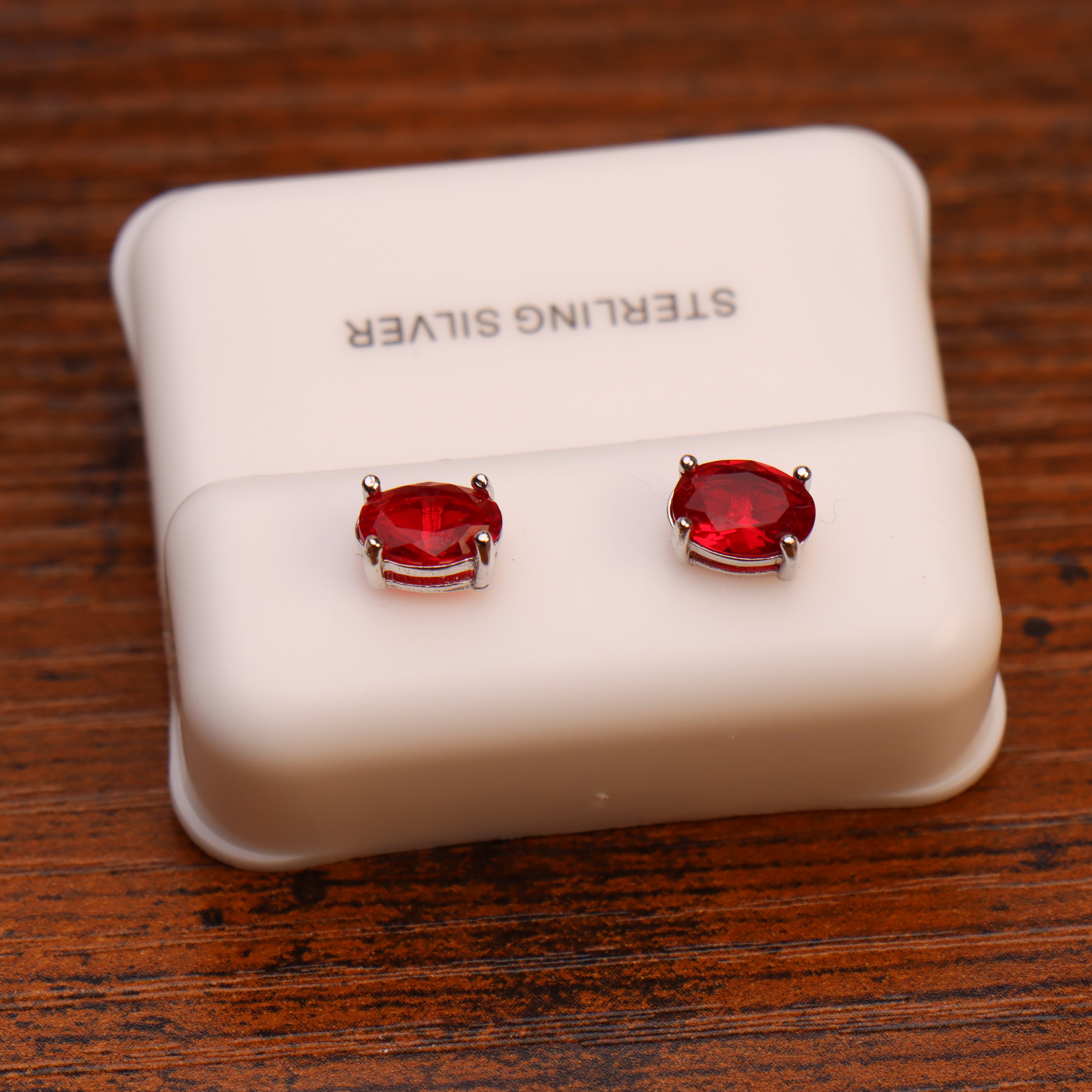 Red Cz Earrings Oval 925 Sterling Silver 5x7mm