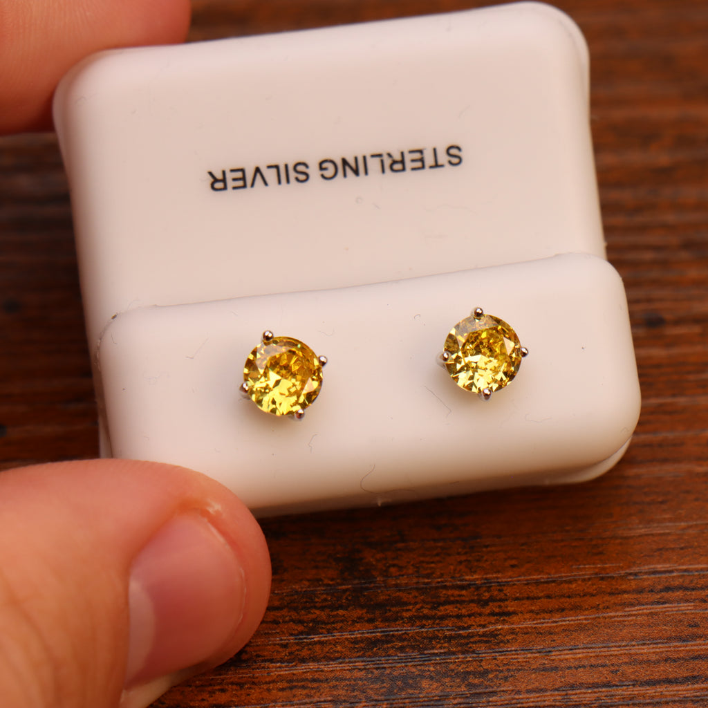 Yellow Diamond Cz Earrings Round 925 Sterling Silver 6mm