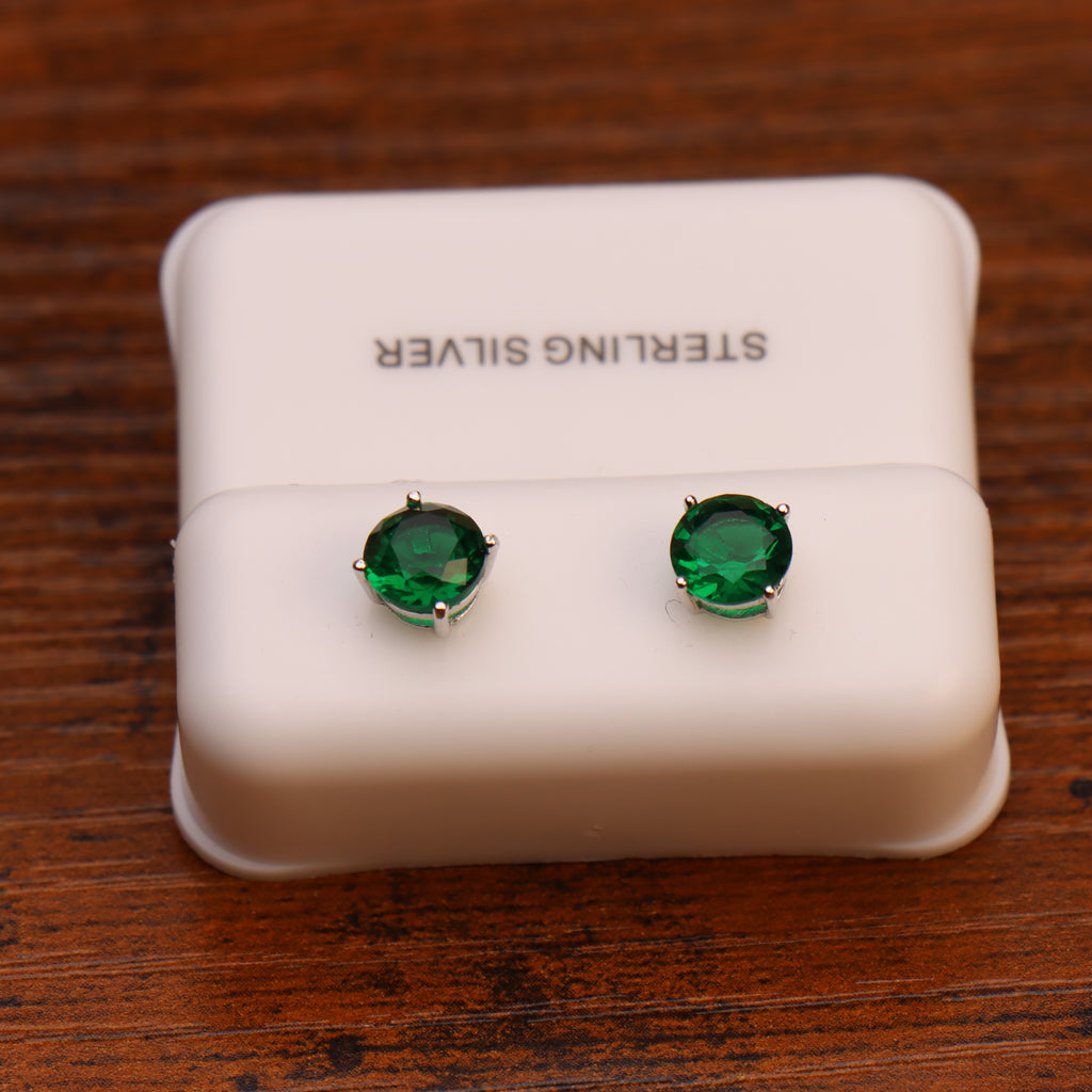 Emerald Green Cz Earrings Round 925 Sterling Silver 6mm