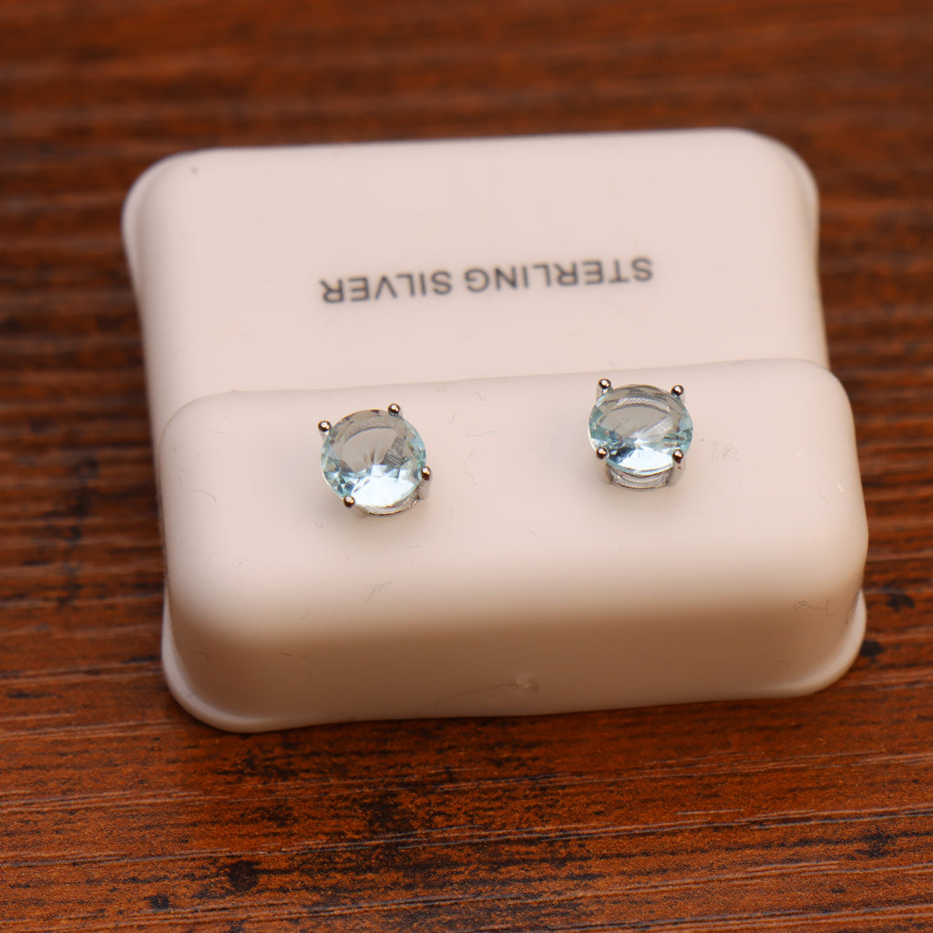 Light Blue Cz Earrings Round 925 Sterling Silver 6mm