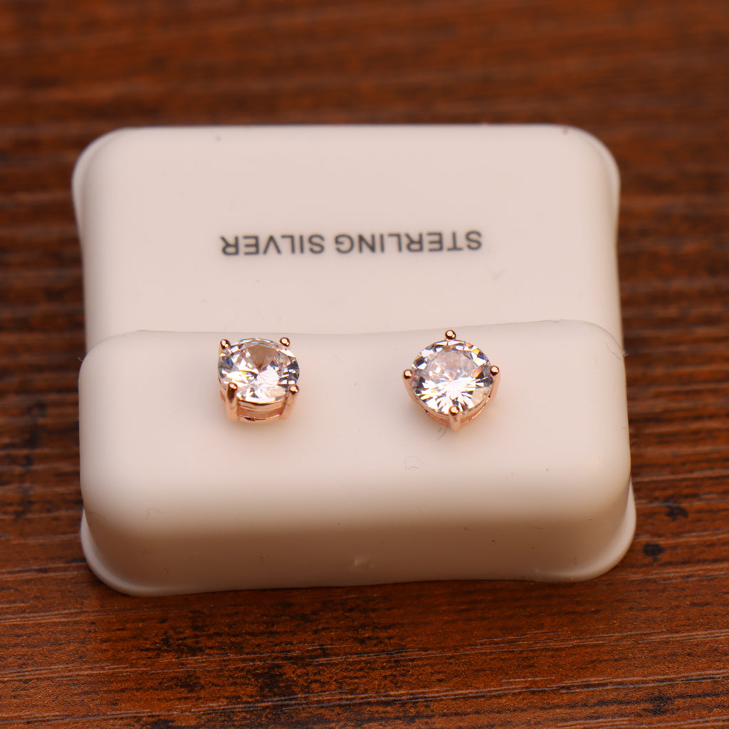 Clear Cz Earrings Round Rose Gold Over 925 Sterling Silver 6mm