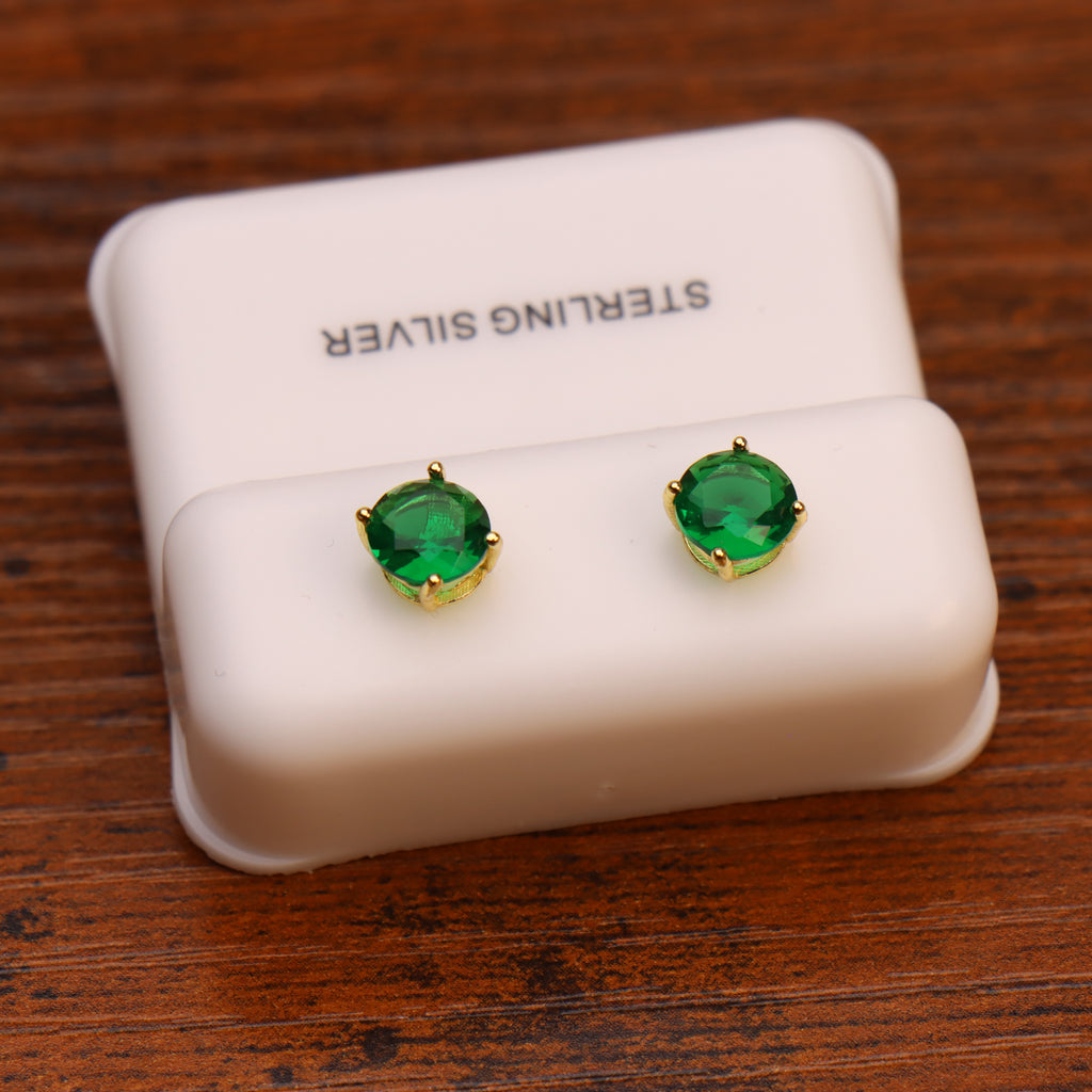 Emerald Green Cz Earrings Round 14k Gold Over 925 Sterling Silver 6mm