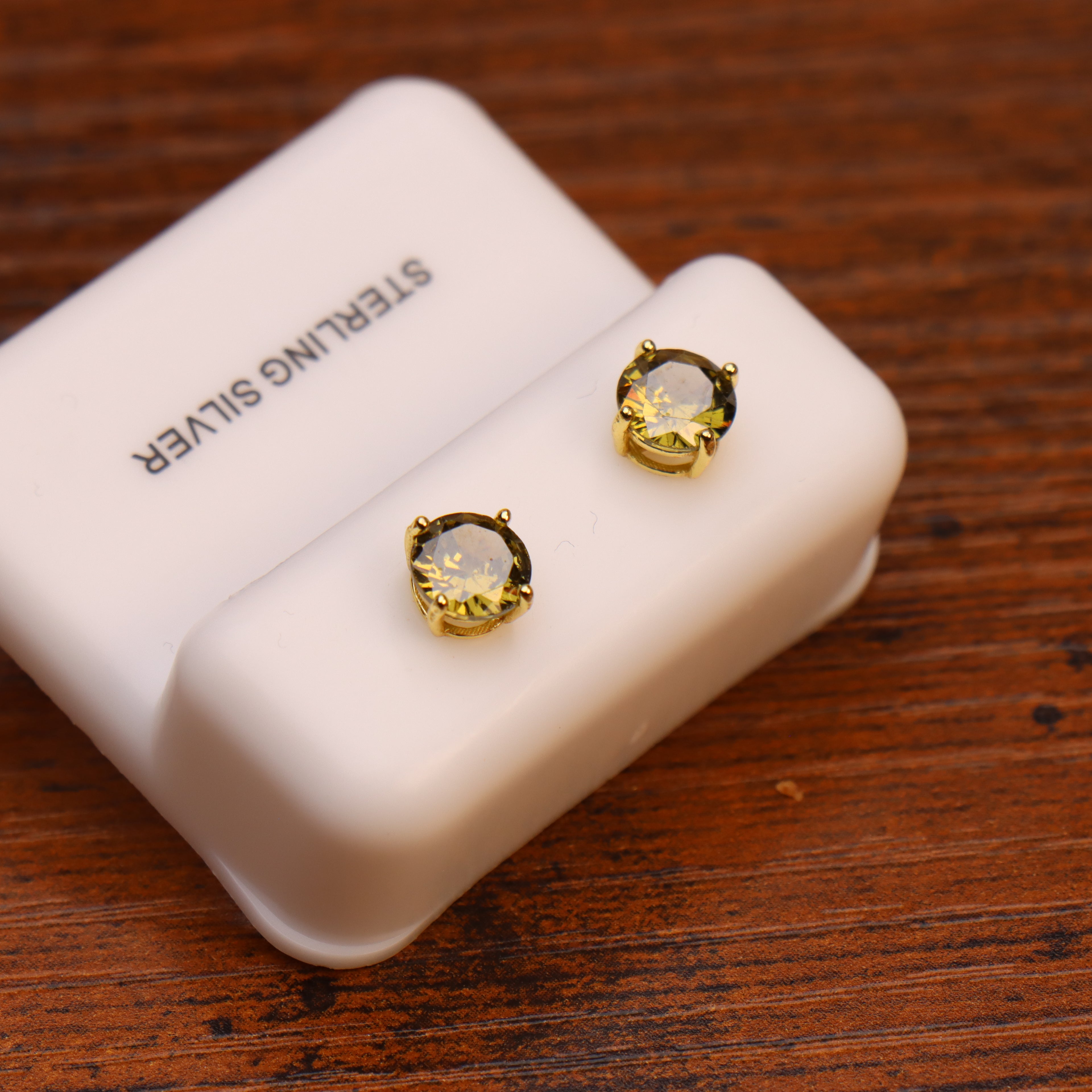Peridot Cz Earrings Round 14k Gold Over 925 Sterling Silver 6mm