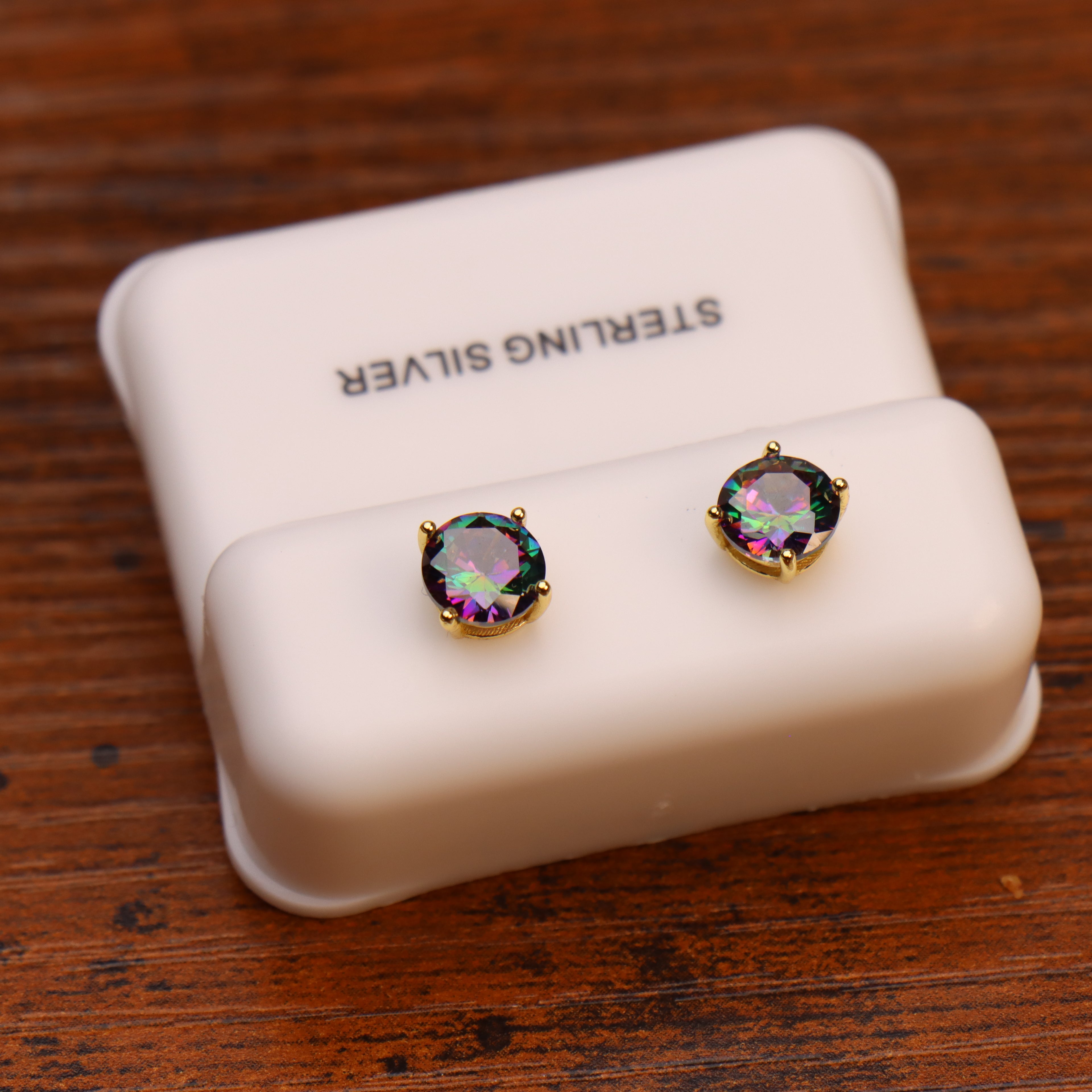 Mystic Topaz Cz Earrings Round 14k Gold Over 925 Sterling Silver 6mm
