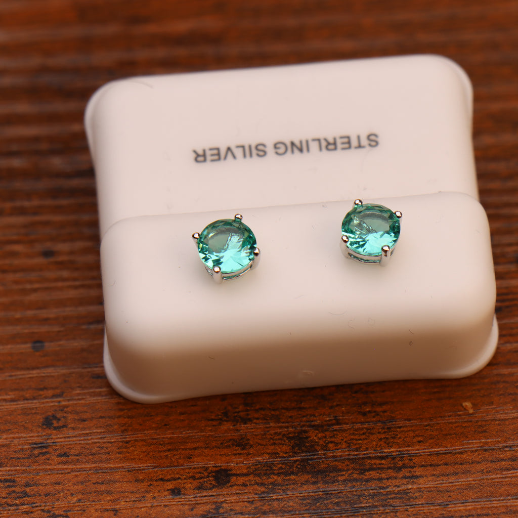 Aqua Blue Cz Earrings Round 925 Sterling Silver 6mm