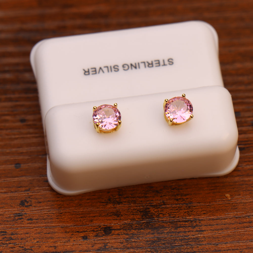 Pink Sapphire Cz Earrings Round 14k Gold Over 925 Sterling Silver 6mm