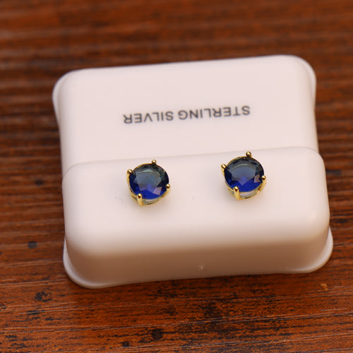 Blue Sapphire Cz Earrings Round 14k Gold Over 925 Sterling Silver 6mm