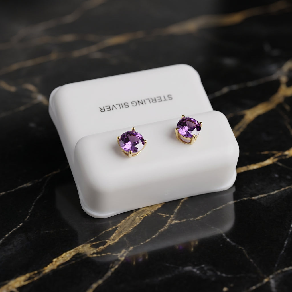 Amethyst Purple Cz Earrings Round 14k Gold Over 925 Sterling Silver 6mm