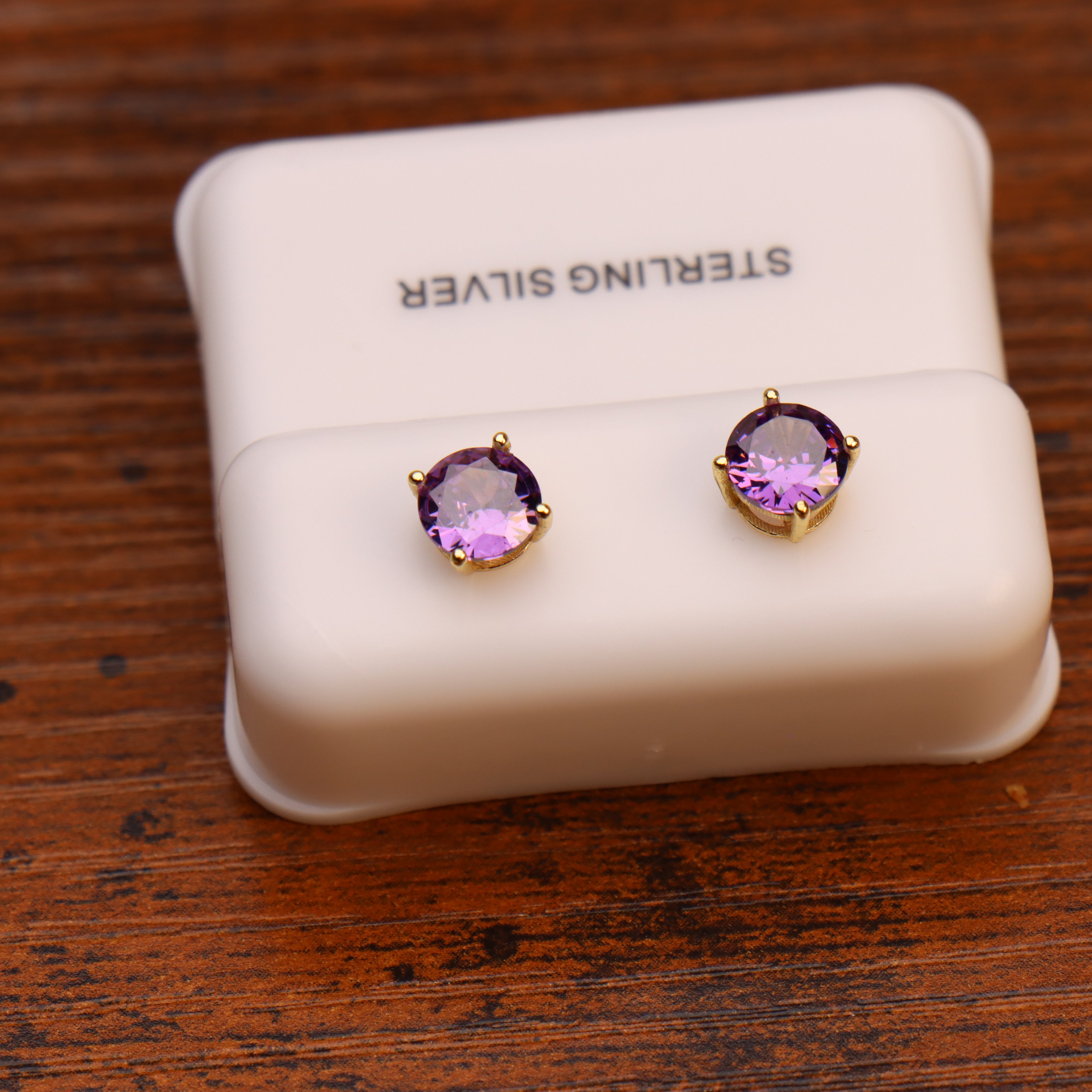 Amethyst Purple Cz Earrings Round 14k Gold Over 925 Sterling Silver 6mm