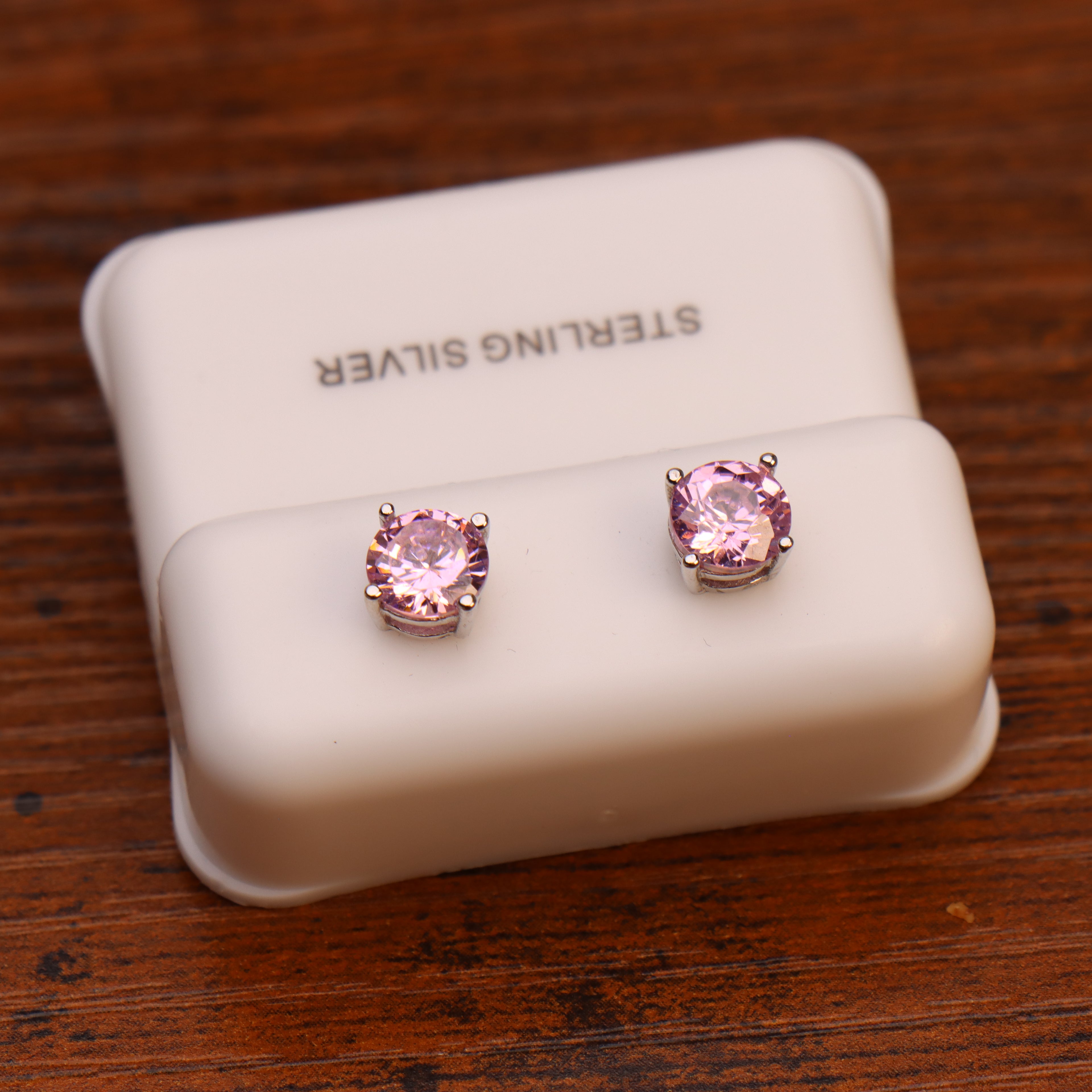 Pink Saphire Cz Earrings Round 925 Sterling Silver 6mm