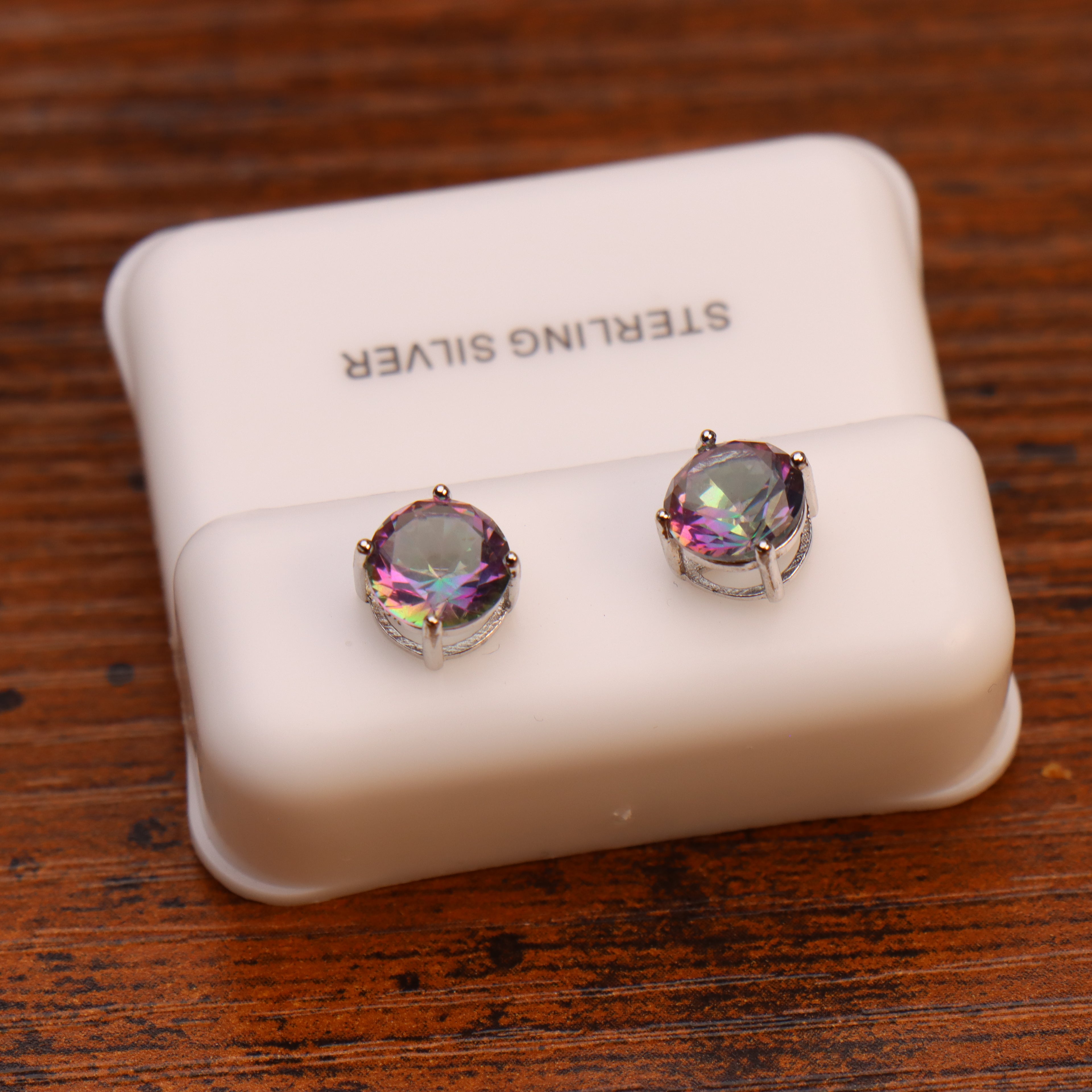 Mystic Topaz 8mm Cz Earrings Round 925 Sterling Silver