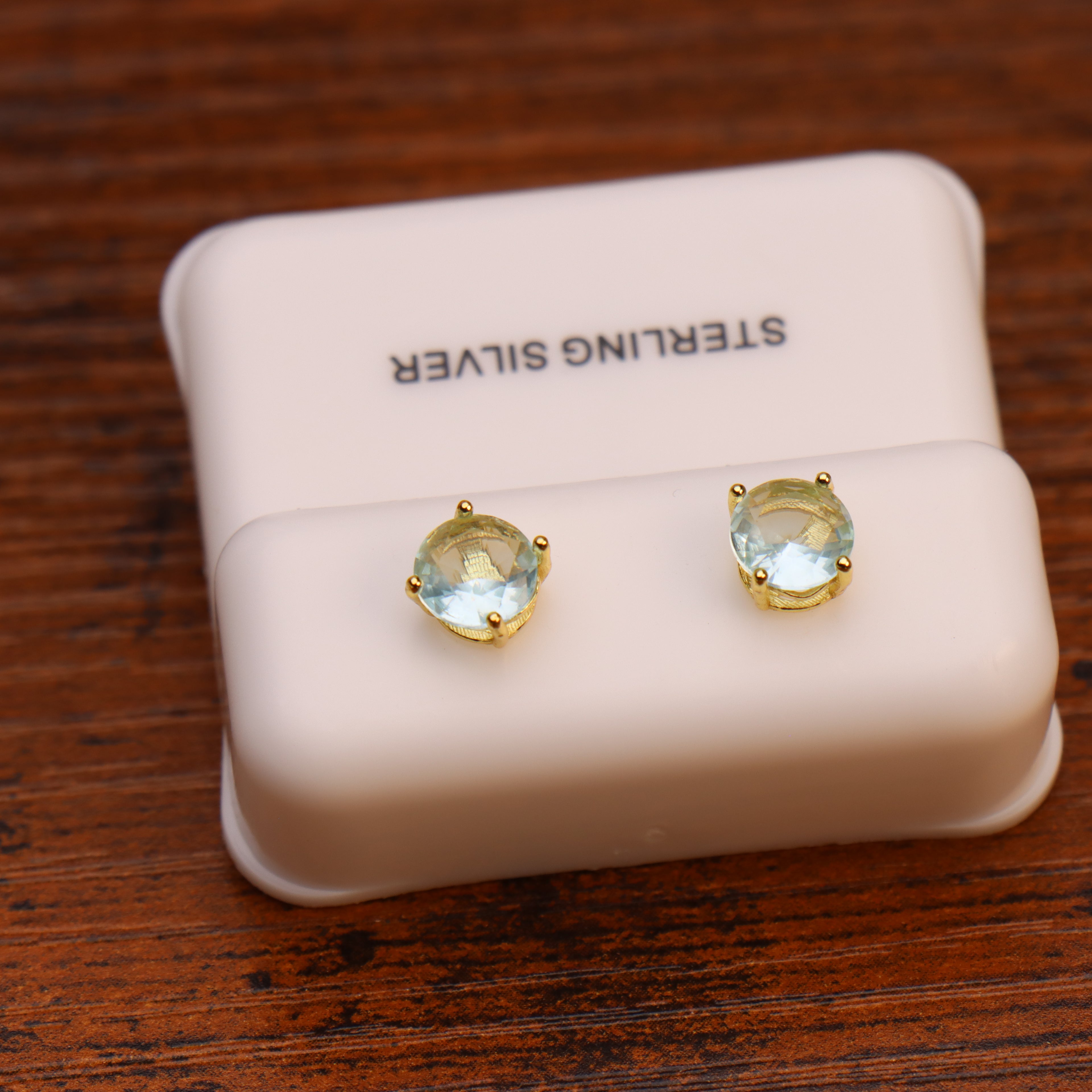 Aquamarine Cz Earrings Round 14k Gold Over 925 Sterling Silver 6mm