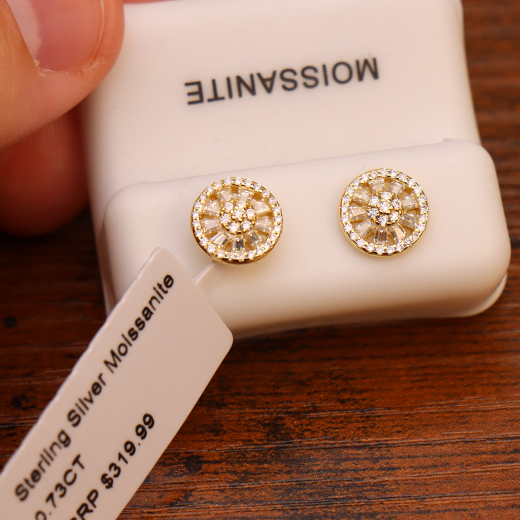 Genuine Moissanite Unique Round Earrings 14k Gold 925 Sterling Silver 9mm