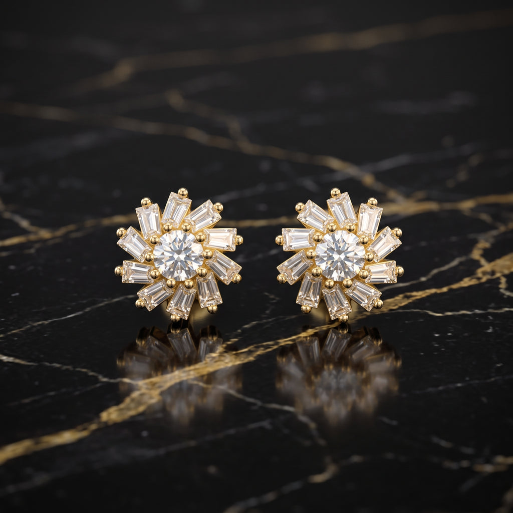 Genuine Moissanite Flower Burst Earrings 14k Gold 925 Sterling Silver 7mm