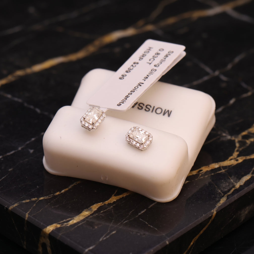 Genuine Moissanite Emerald Cut Halo Earrings 925 Sterling Silver 5x8mm