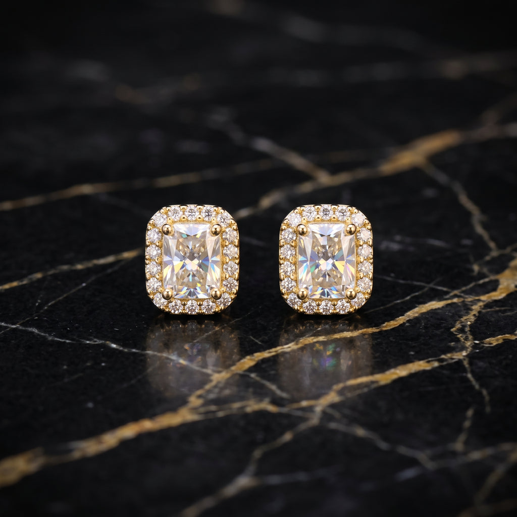 Genuine Moissanite Emerald Cut Halo Earrings 14k Gold 925 Sterling Silver