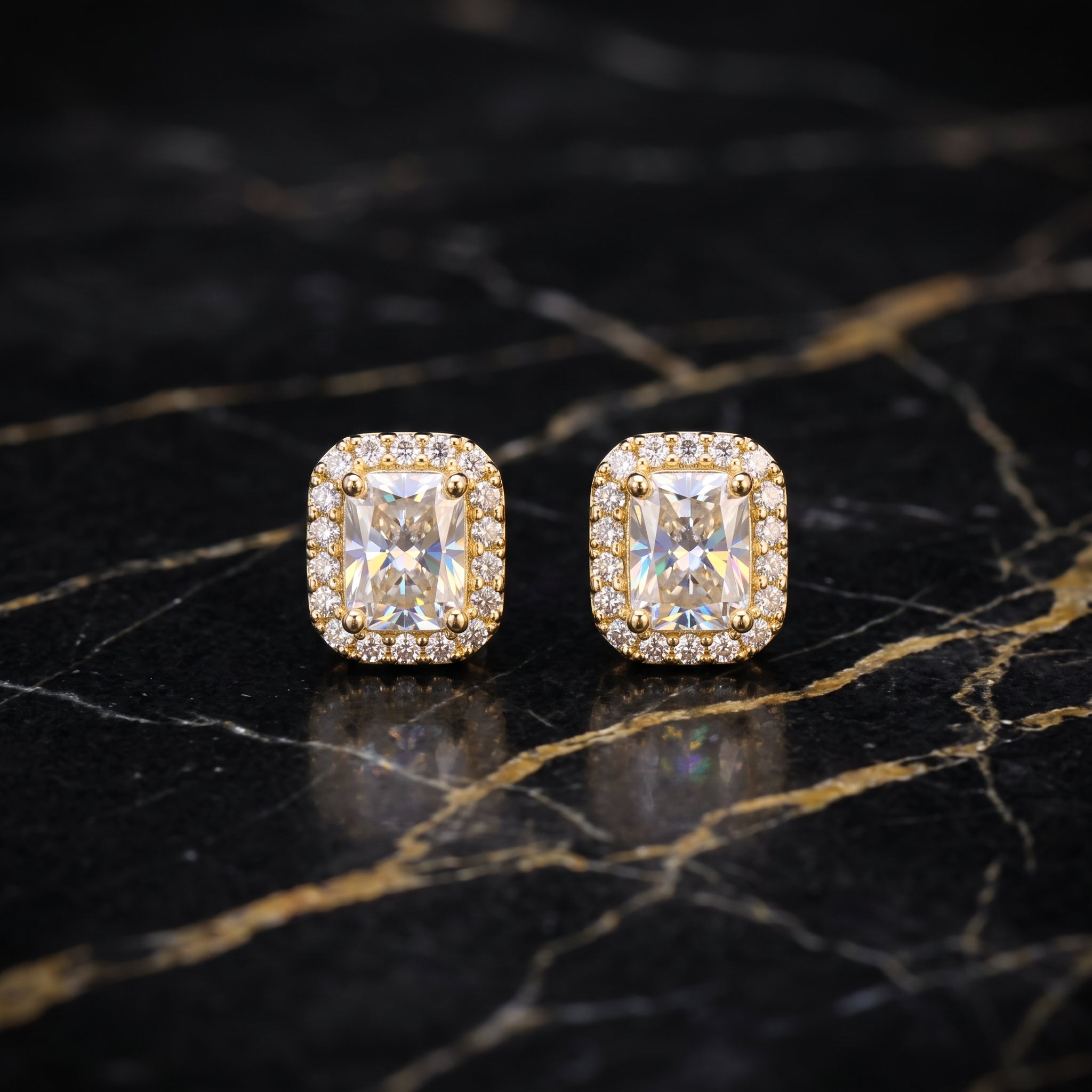 Genuine Moissanite Emerald Cut Halo Earrings 14k Gold 925 Sterling Silver