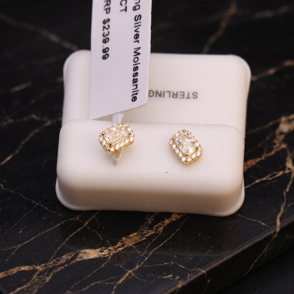 Genuine Moissanite Emerald Cut Halo Earrings 14k Gold 925 Sterling Silver