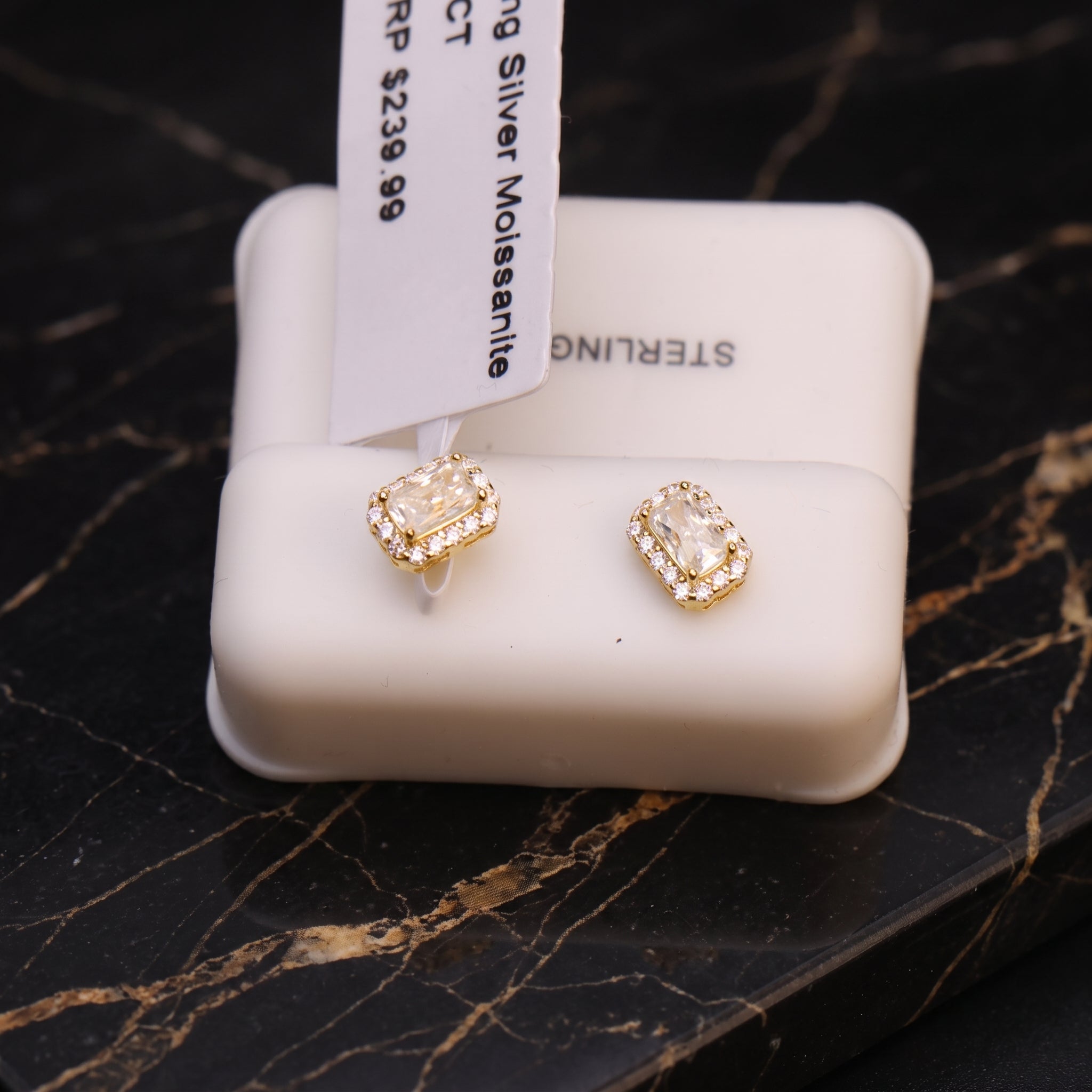 Genuine Moissanite Emerald Cut Halo Earrings 14k Gold 925 Sterling Silver
