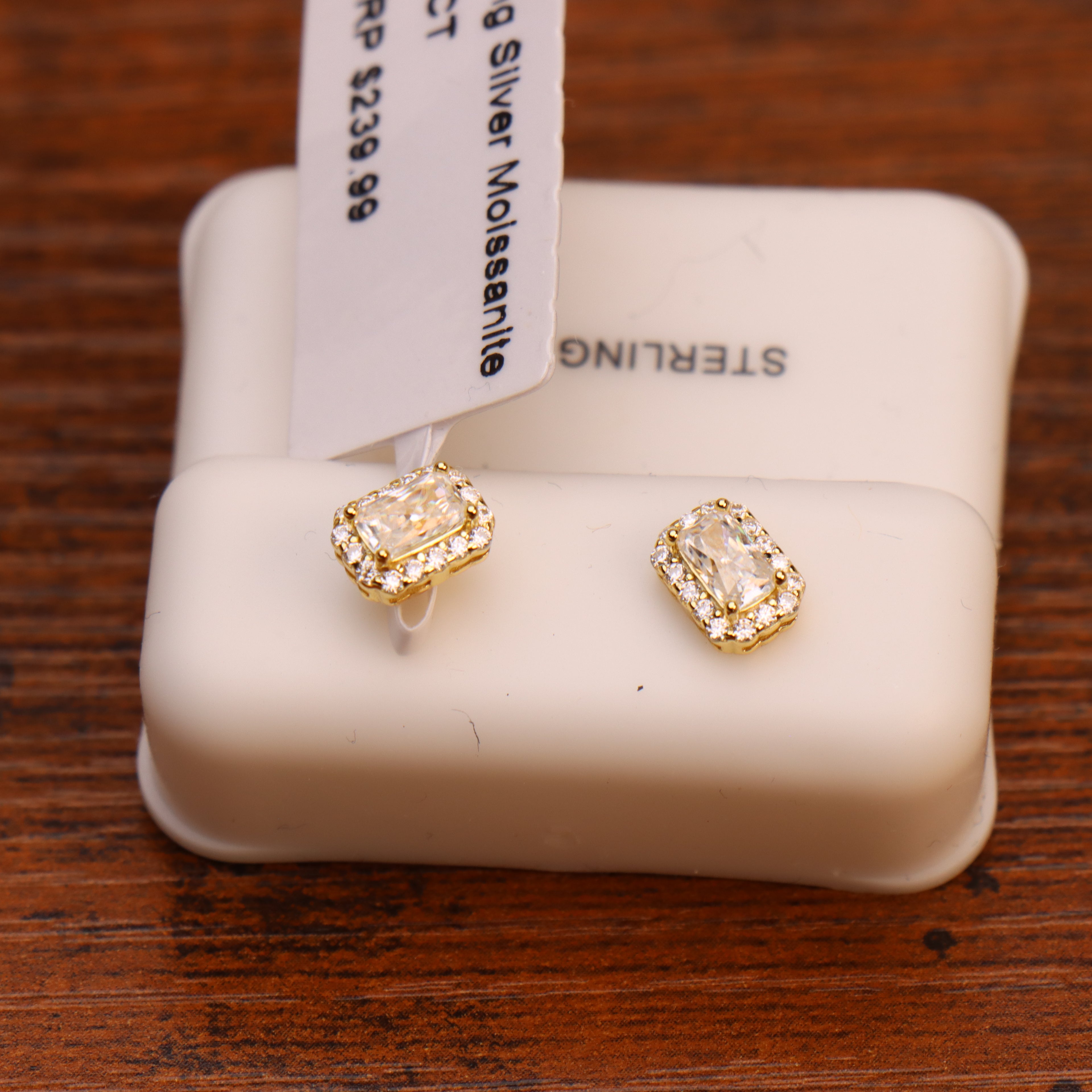Genuine Moissanite Emerald Cut Halo Earrings 14k Gold 925 Sterling Silver
