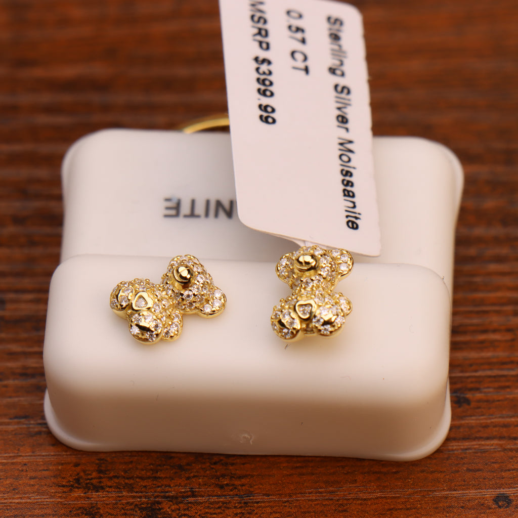 Genuine Moissanite Teddy Bear Earrings 14k Over 925 Sterling Silver