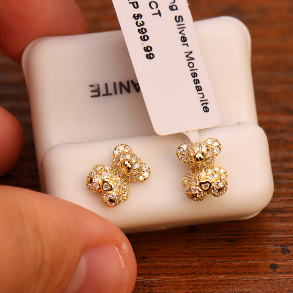 Genuine Moissanite Teddy Bear Earrings 14k Over 925 Sterling Silver