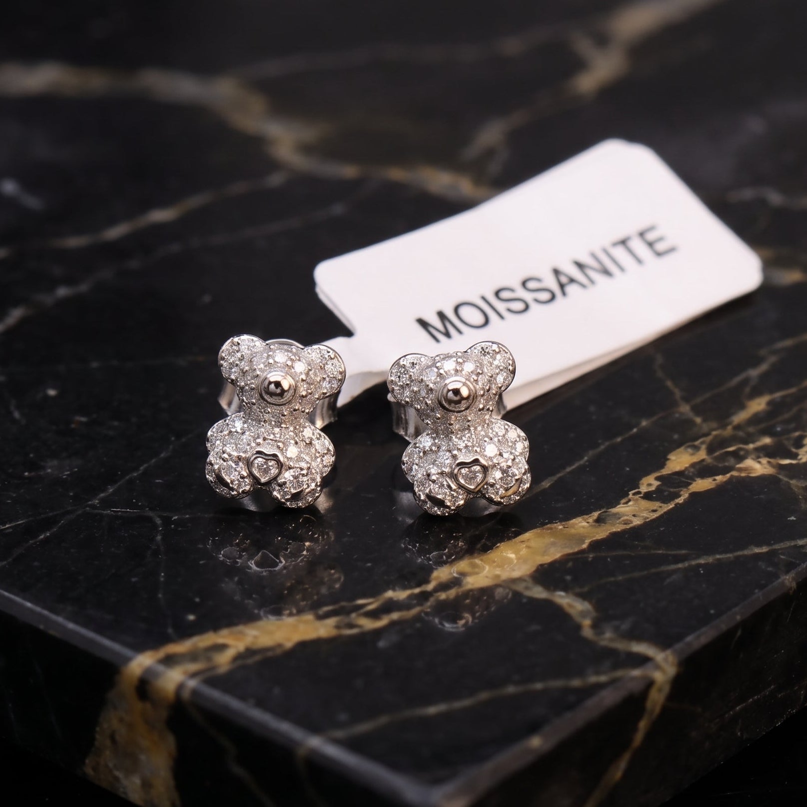 Genuine Moissanite Teddy Bear Earrings 925 Sterling Silver