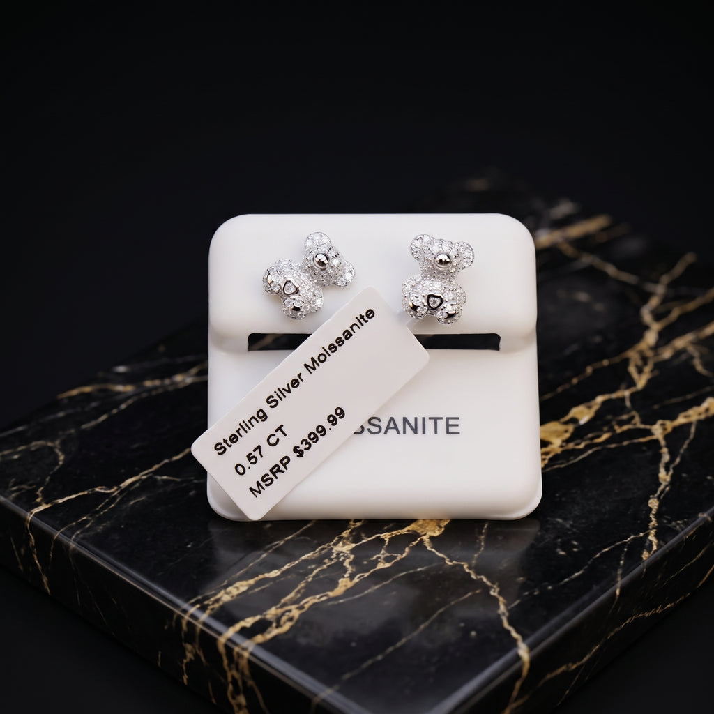 Genuine Moissanite Teddy Bear Earrings 925 Sterling Silver
